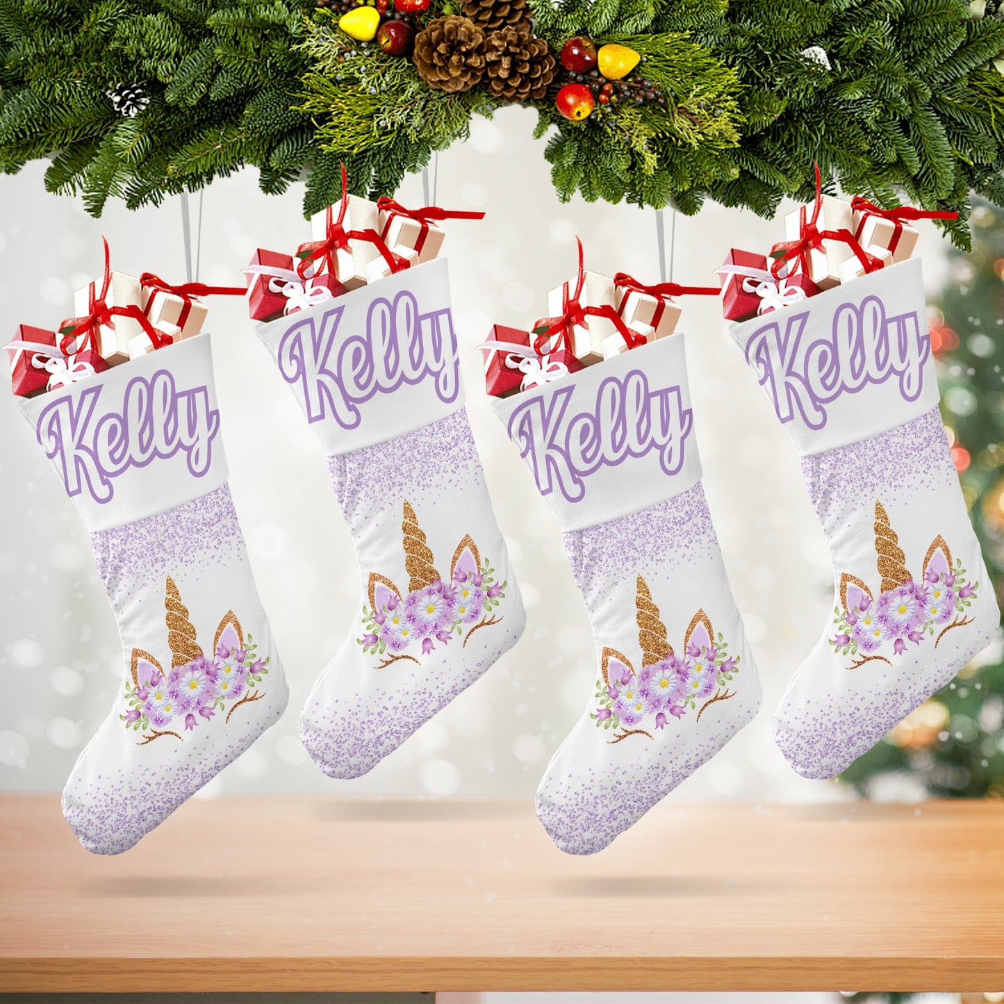 Purple Unicorn Christmas Stocking Custom Name Santa Socks Gift
