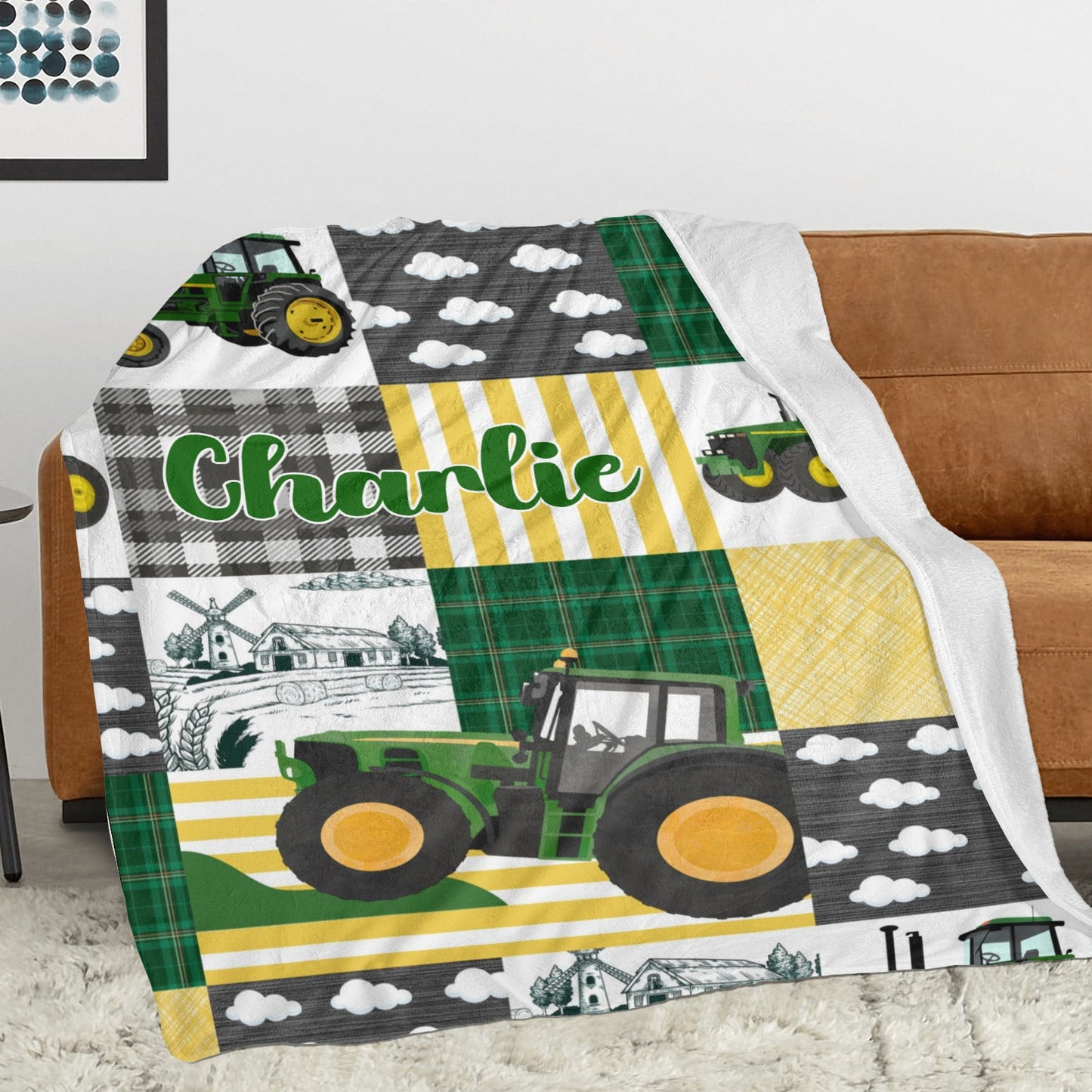 Tractor Patchwork Flannel Blanket Custom Name Blanket Gift for Men Women