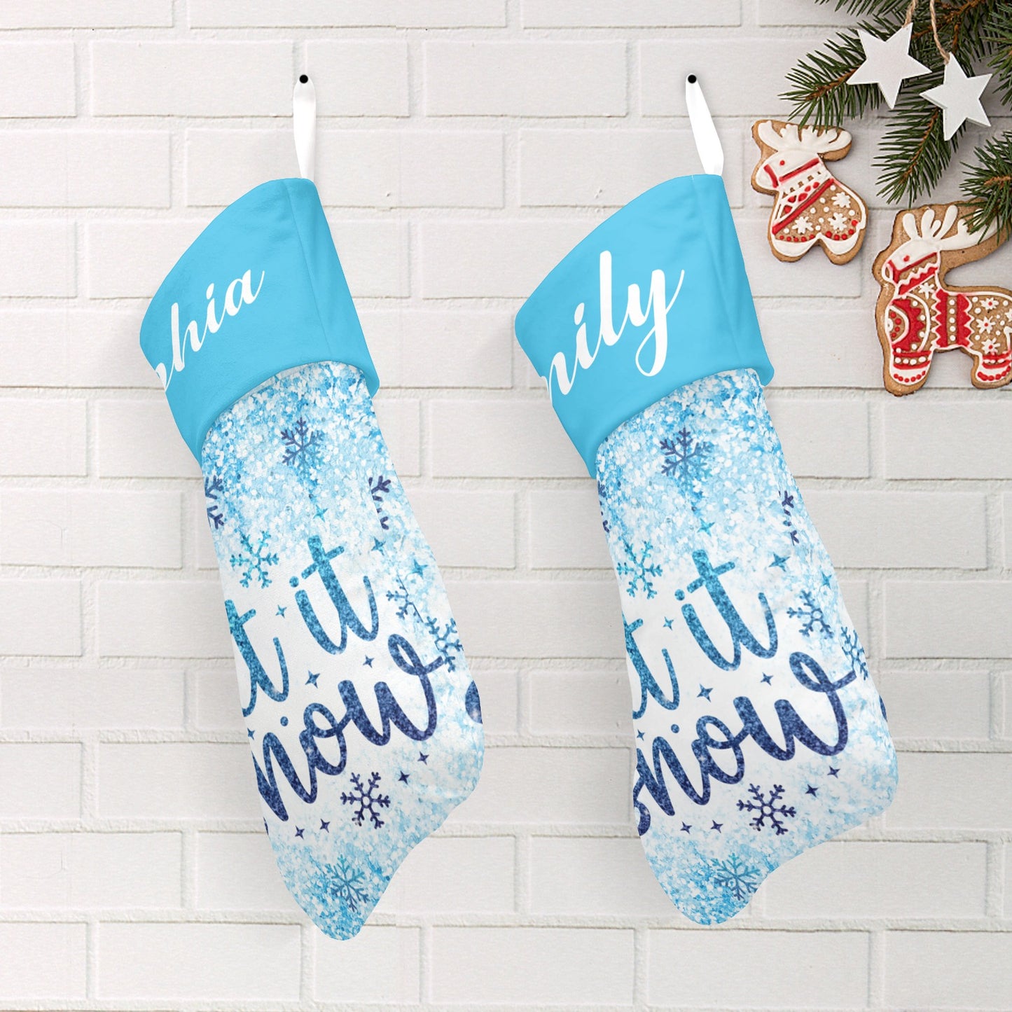 Let It Snow Blue Christmas Stocking Custom Name Christmas Socks Gift