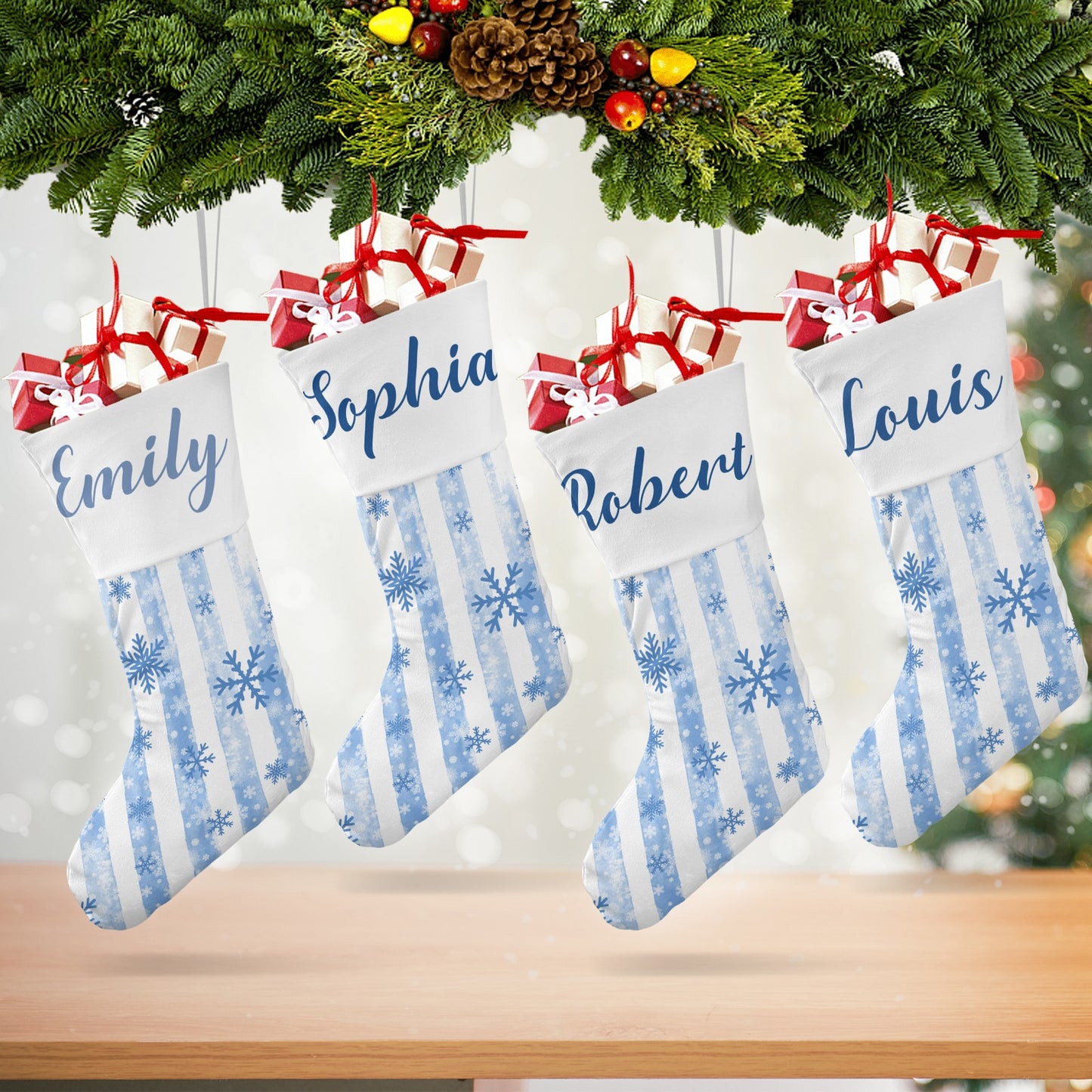 Snowflakes Stripes Christmas Stocking Custom Name Christmas Socks Gift