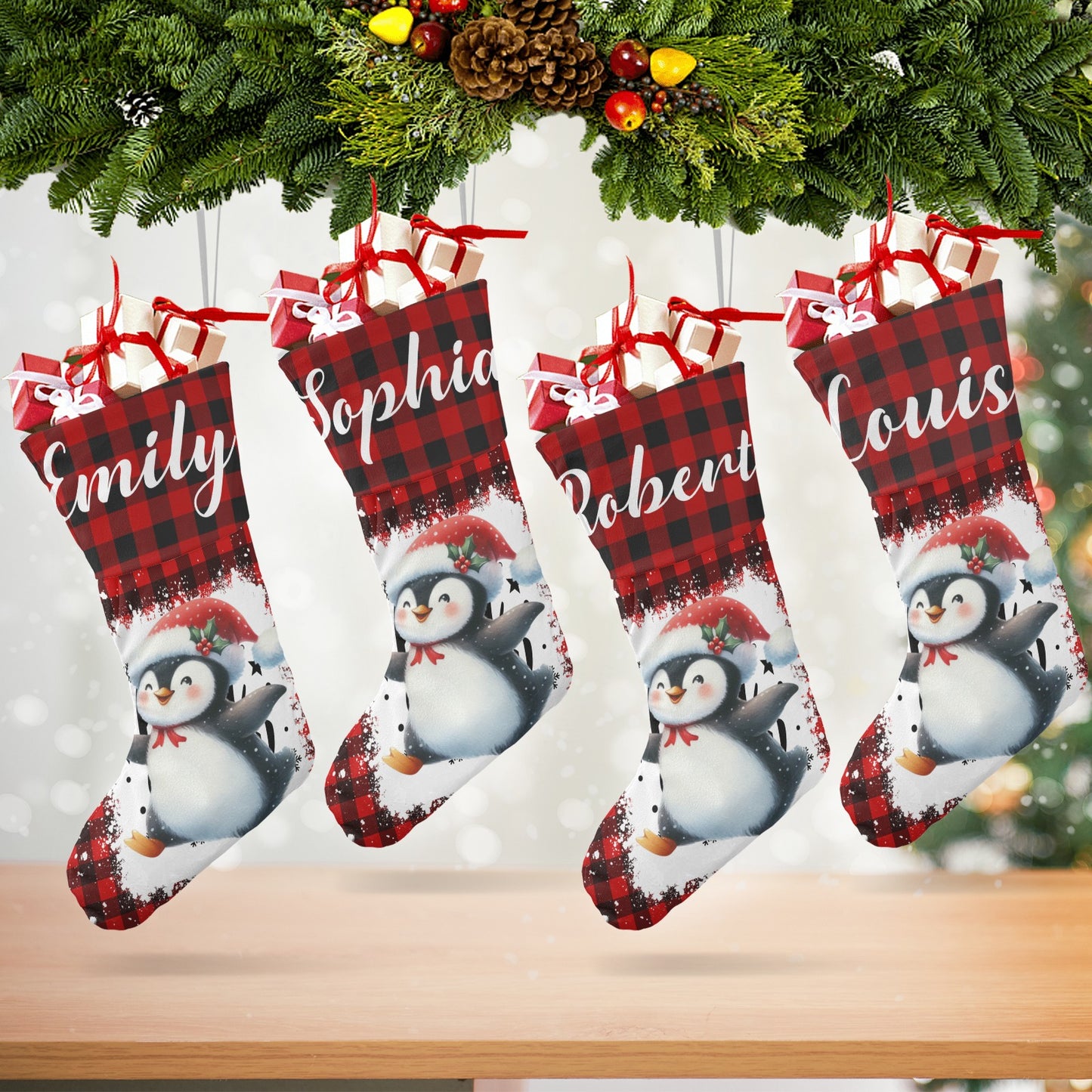 Buffalo Plaid Penguin Christmas Stocking Custom Name Christmas Socks Gift