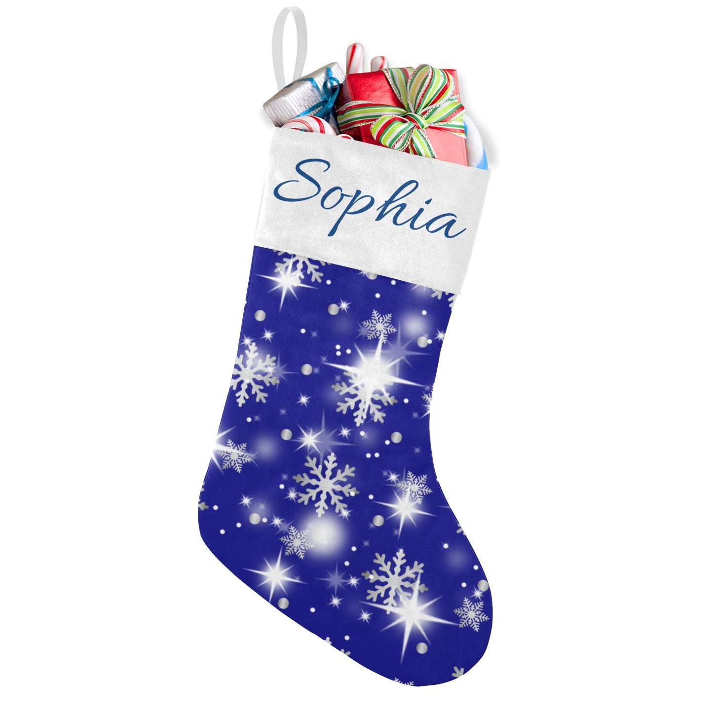 Snow flake blue Christmas Stocking Custom Name Santa Socks Gift