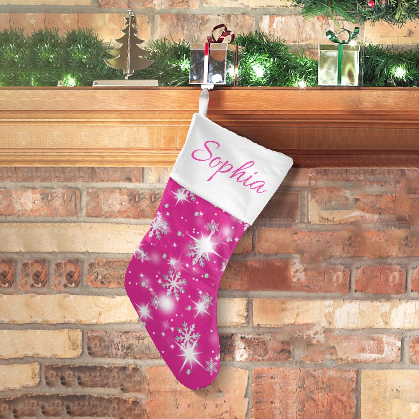 Snow flake pink Christmas Stocking Custom Name Santa Socks Gift