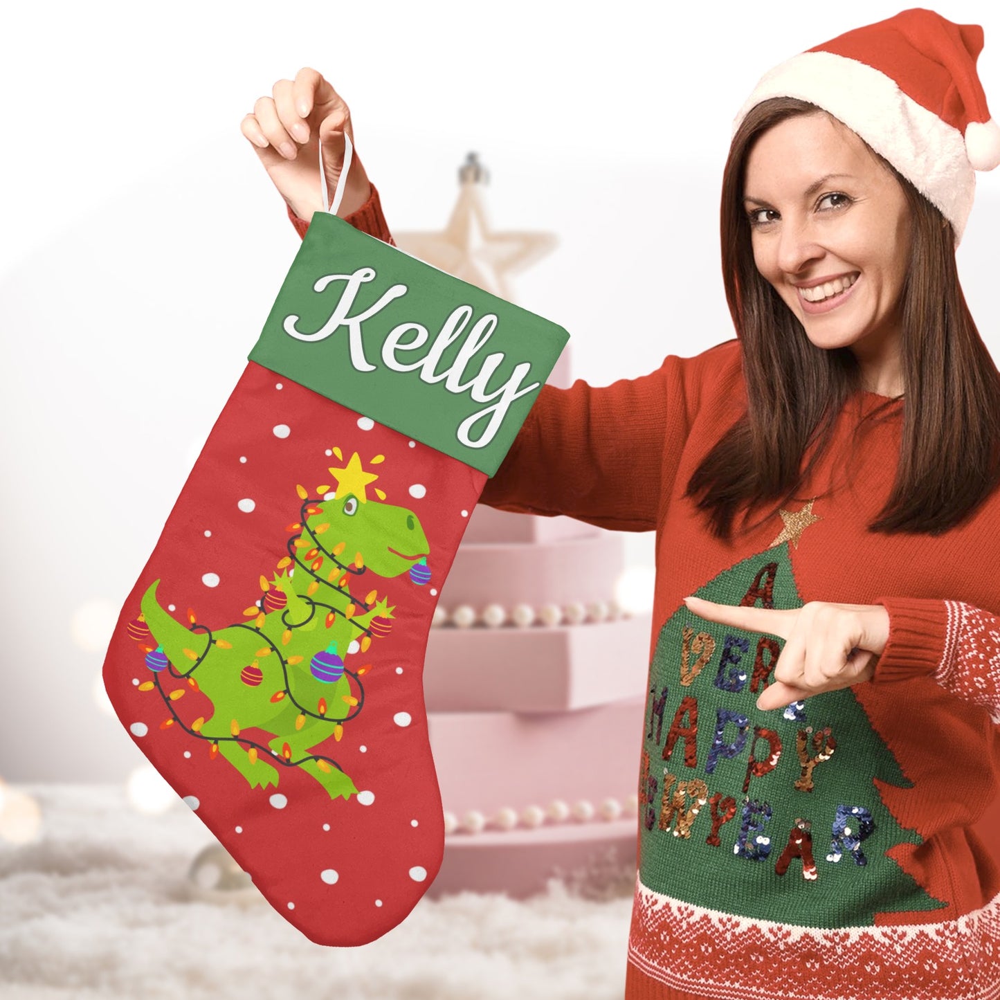 Dinosaur Star Christmas Stocking Custom Name Santa Socks Gift