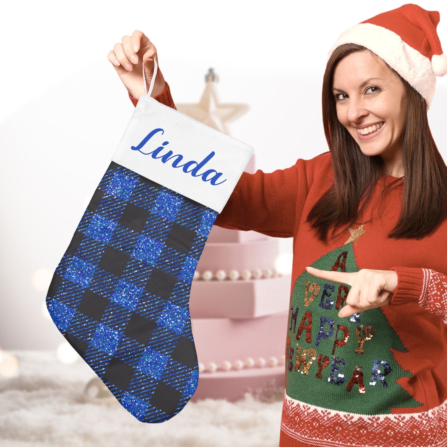 Blue Buffalo Plaid Christmas Stocking Custom Name Christmas Socks Gift