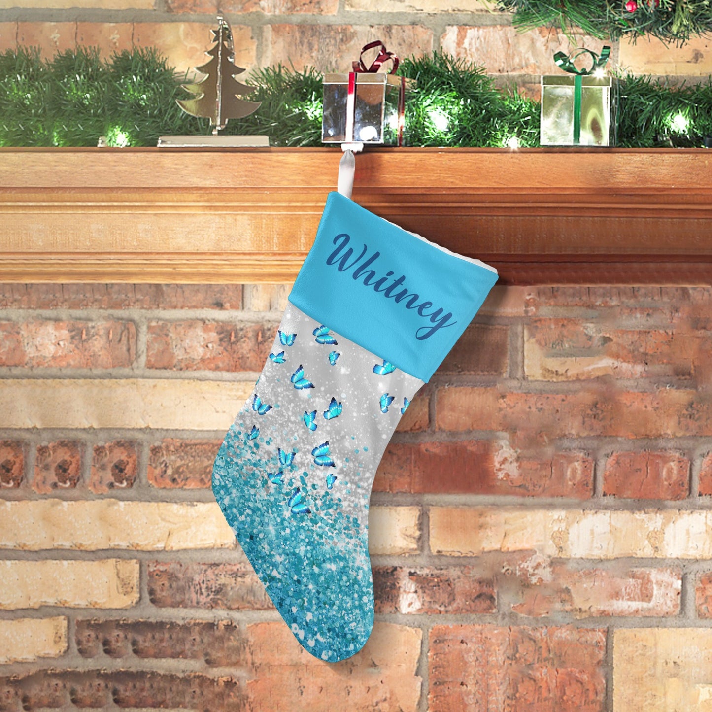 Blue Butterfly Christmas Stocking Custom Name Christmas Socks Gift