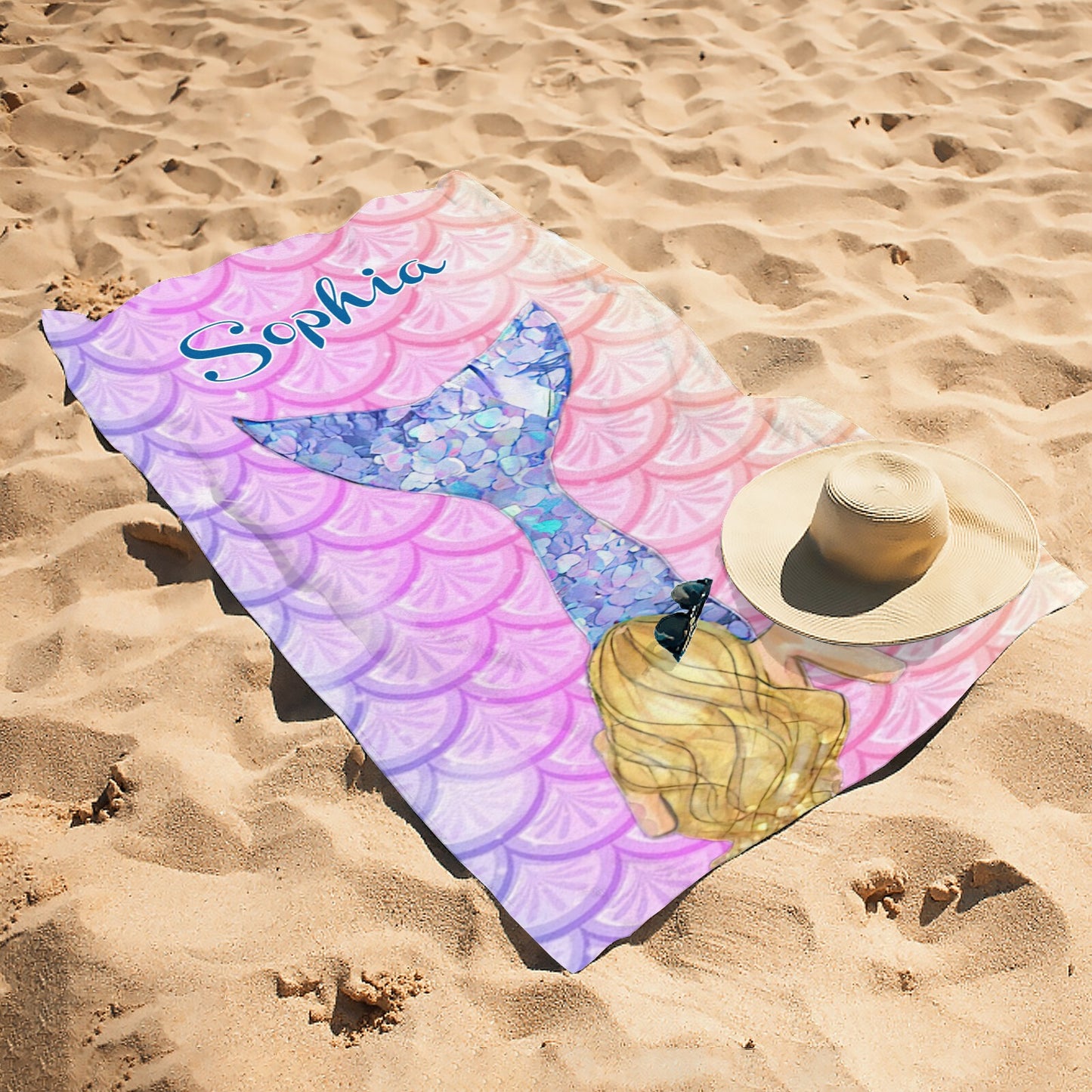 Mermaid Pink Beach Towel Custom Cotton/Poly Blend Pool Towel - Blue - Personalize with Your Name - Standard Size