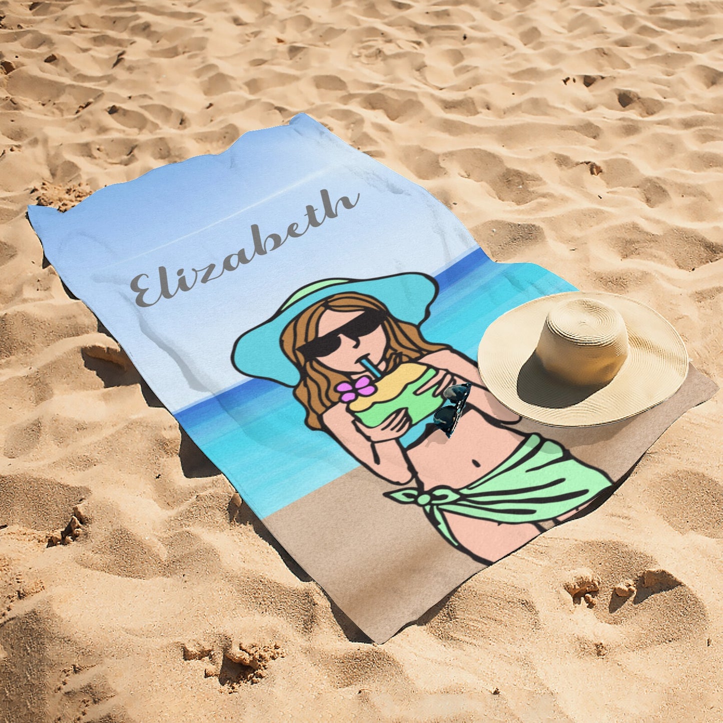 Beach Girl Beach Towel Custom Cotton/Poly Blend Pool Towel - Blue - Personalize with Your Name - Standard Size