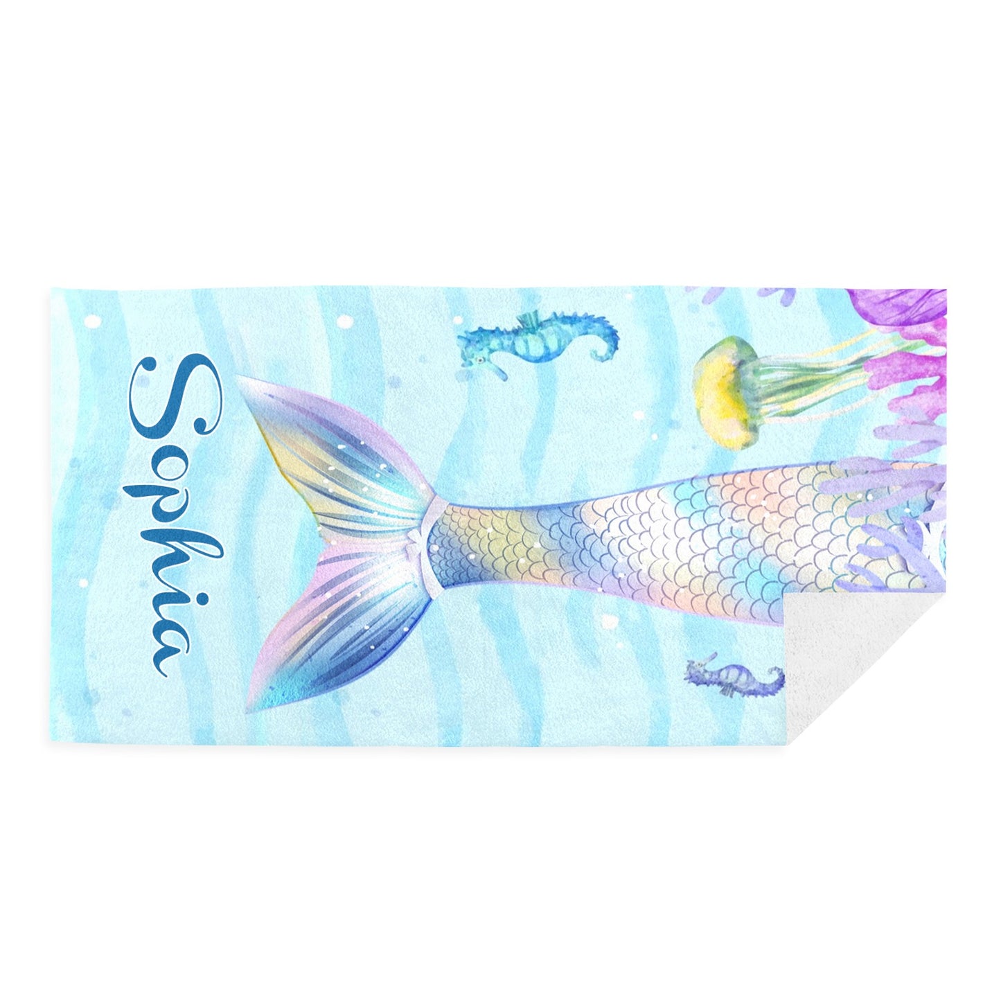 Blue Mermaid Tail Beach Towel Custom Cotton/Poly Blend Pool Towel - Blue - Personalize with Your Name - Standard Size