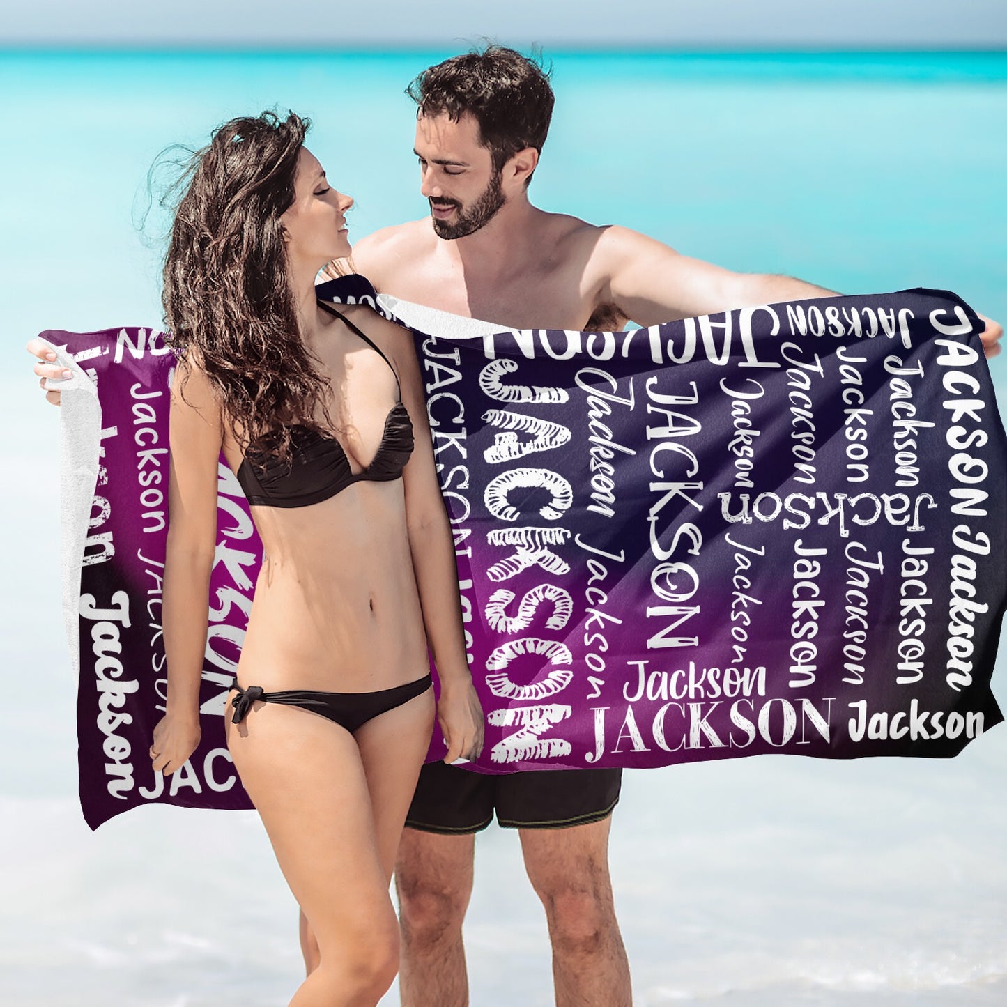 Black Purple Beach Towel Custom Cotton/Poly Blend Pool Towel - Blue - Personalize with Your Name - Standard Size