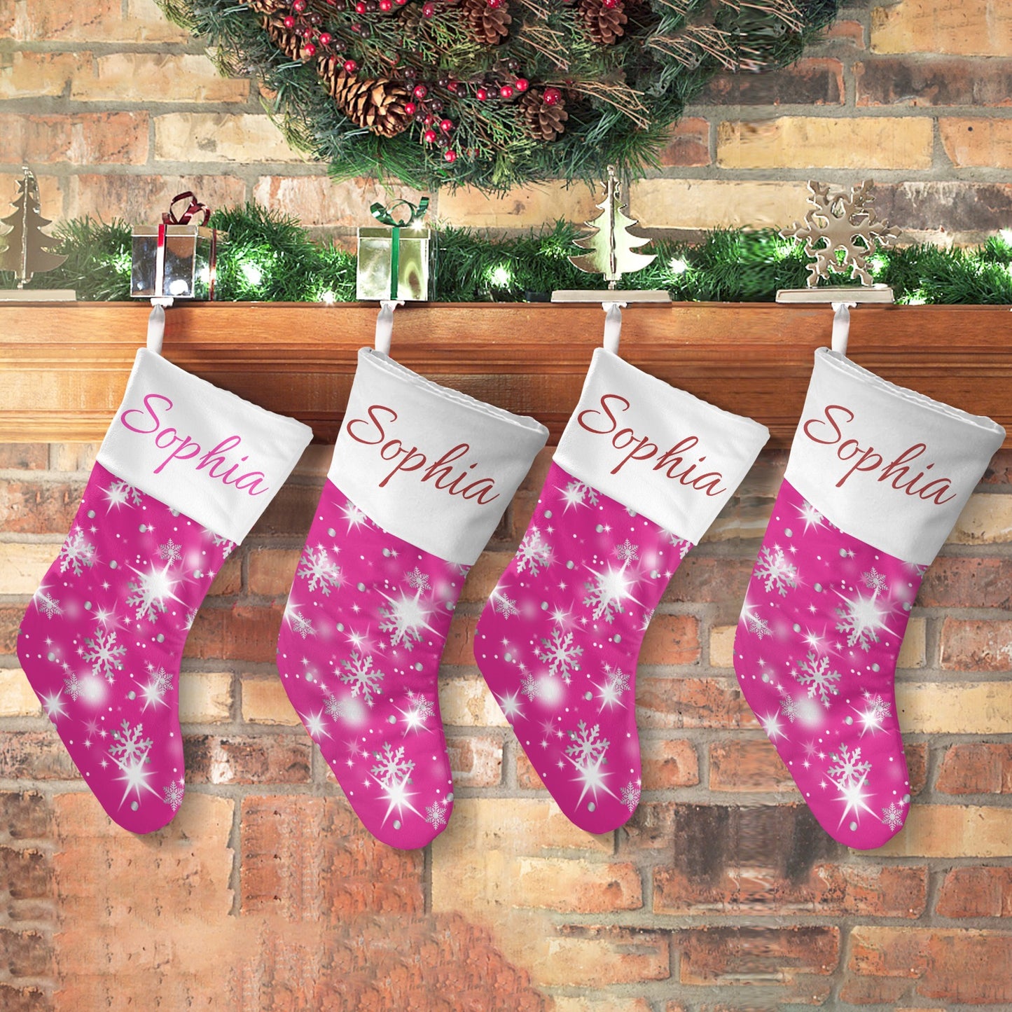 Snow flake pink Christmas Stocking Custom Name Santa Socks Gift