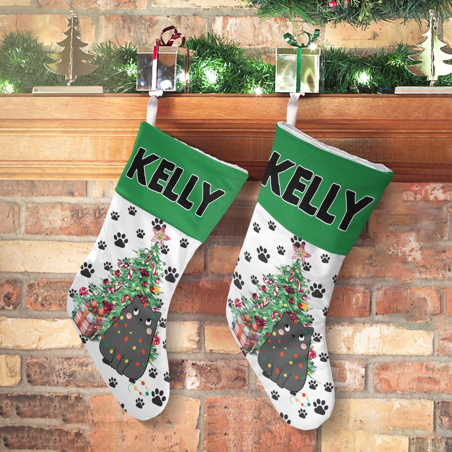Black Cat Christmas Stocking Custom Name Santa Socks Gift