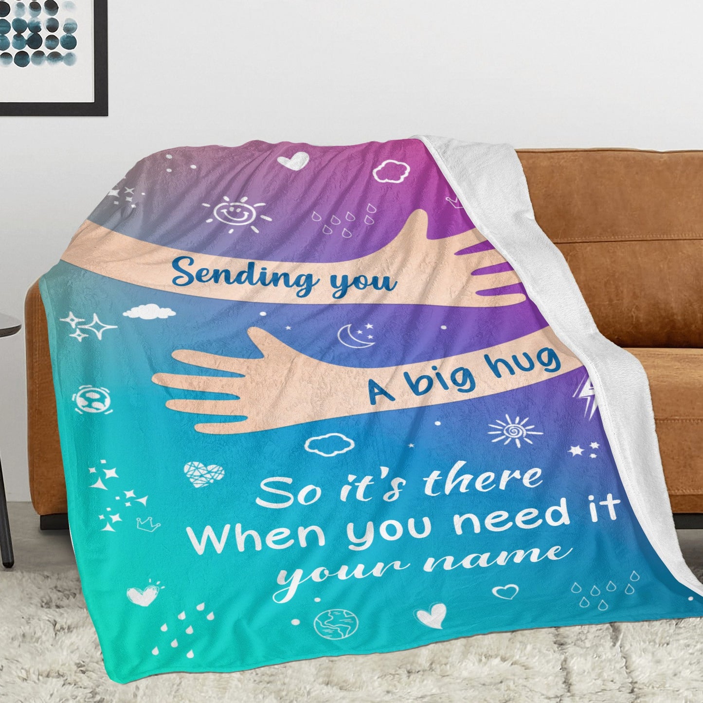 Big Hug Purple Green Flannel Blanket Custom Name Blanket Gift for Men Women