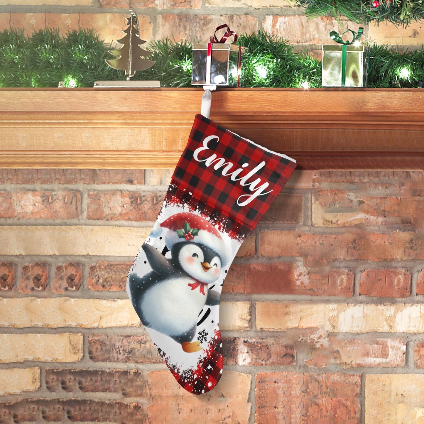 Buffalo Plaid Penguin Christmas Stocking Custom Name Christmas Socks Gift