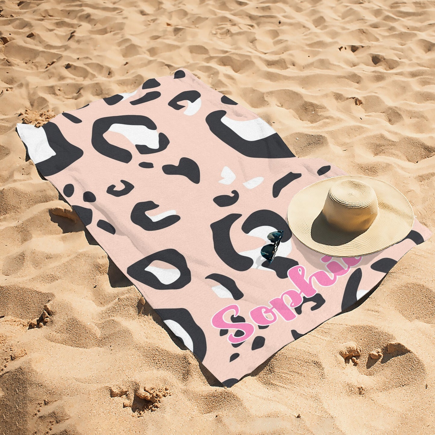 Leopard Print Pink Beach Towel Custom Cotton/Poly Blend Pool Towel - Blue - Personalize with Your Name - Standard Size