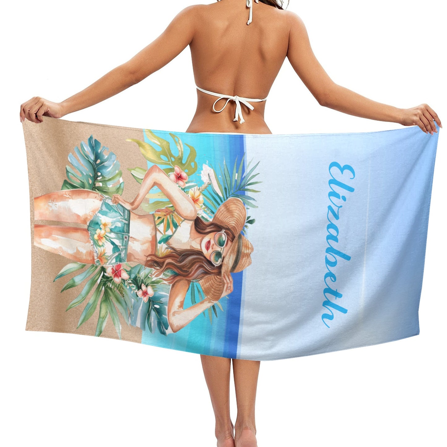 Beach Girl Beach Towel Custom Cotton/Poly Blend Pool Towel - Blue - Personalize with Your Name - Standard Size