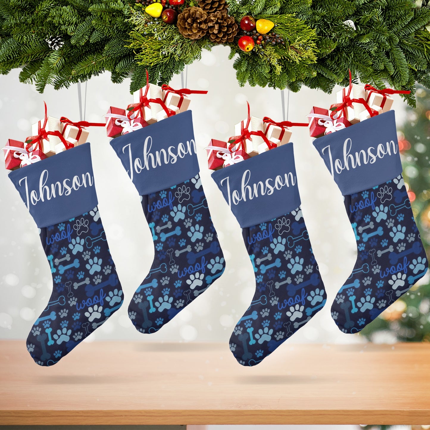 Dog Paw Navy Christmas Stocking Custom Name Christmas Socks Gift