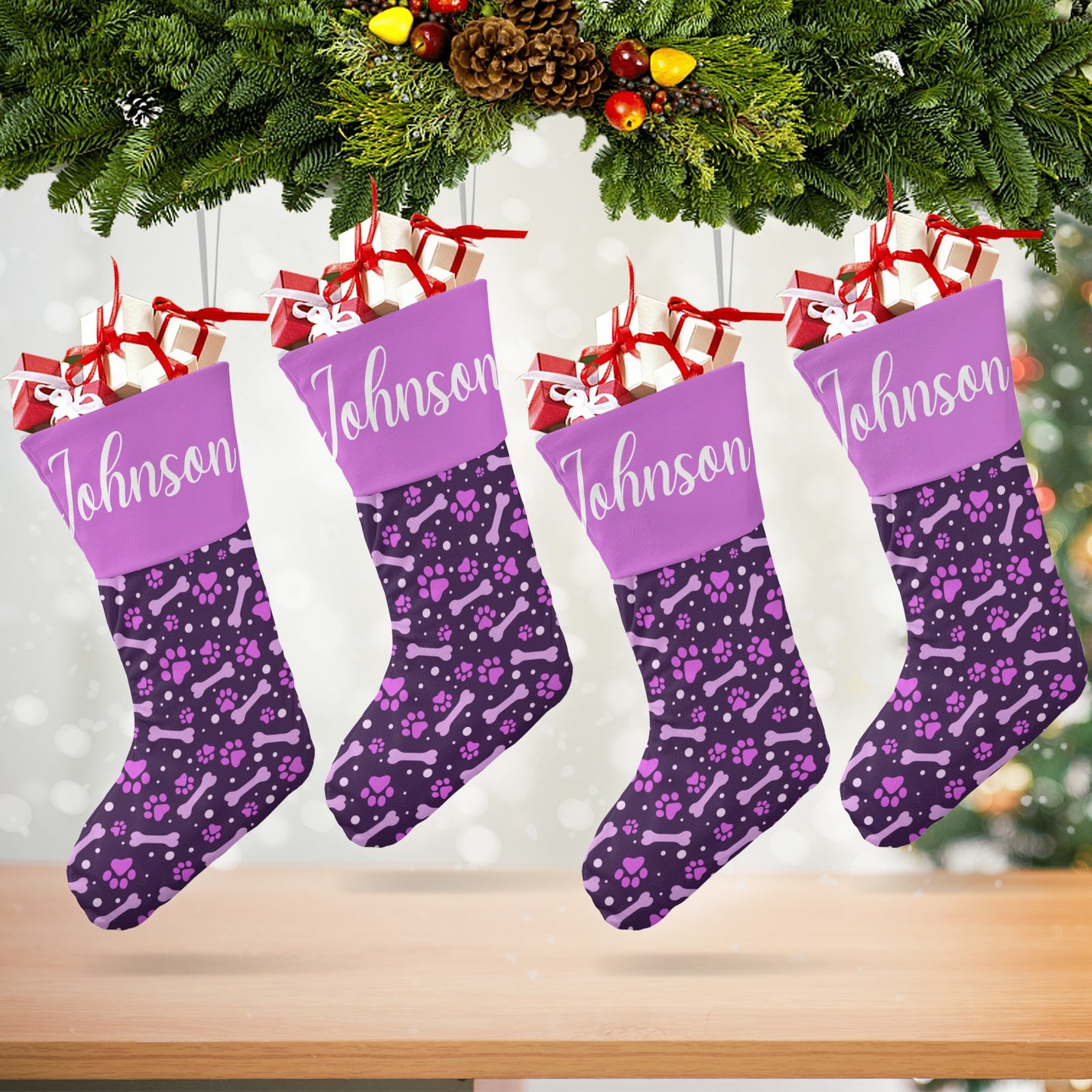Dog Paw Purple Christmas Stocking Custom Name Christmas Socks Gift