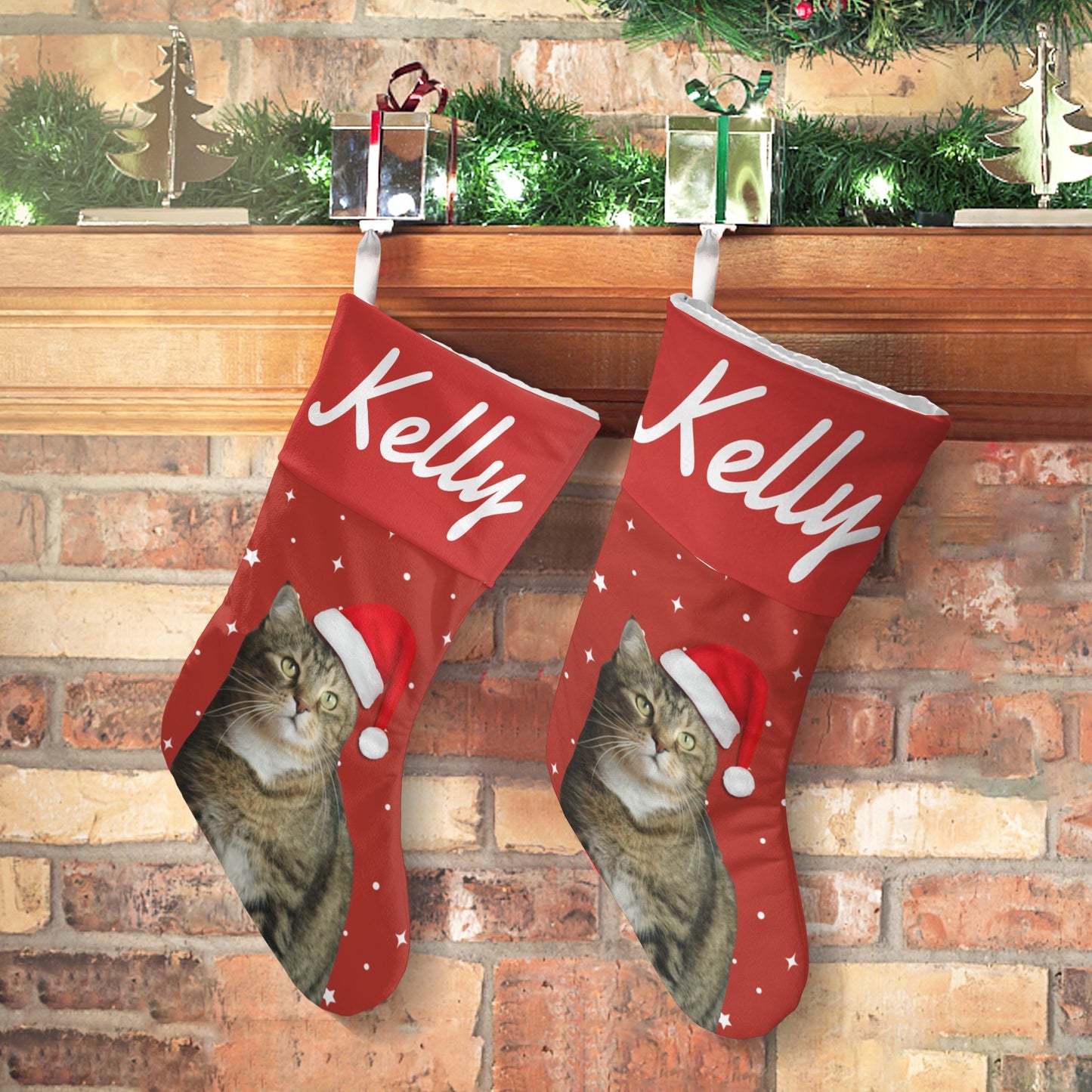 Cat Red Christmas Stocking Custom Name Santa Socks Gift