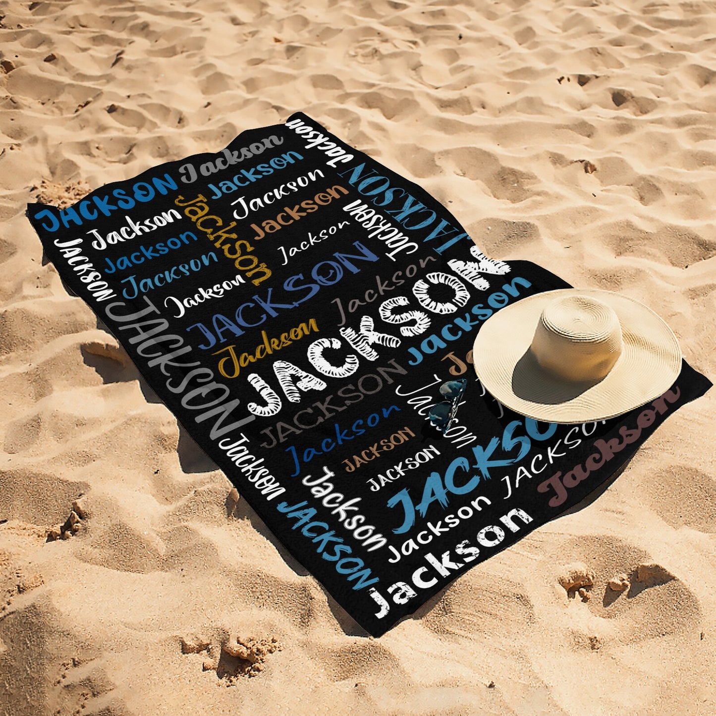 Black Beach Towel Custom Cotton/Poly Blend Pool Towel - Blue - Personalize with Your Name - Standard Size