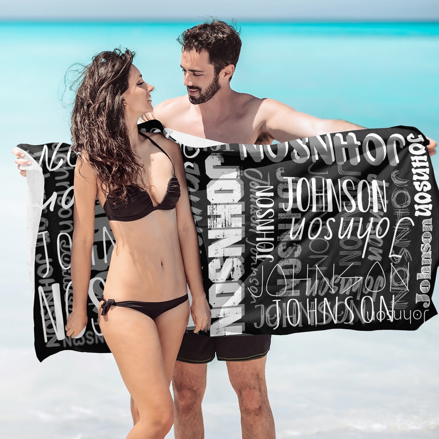 Black Beach Towel Custom Cotton/Poly Blend Pool Towel - Blue - Personalize with Your Name - Standard Size