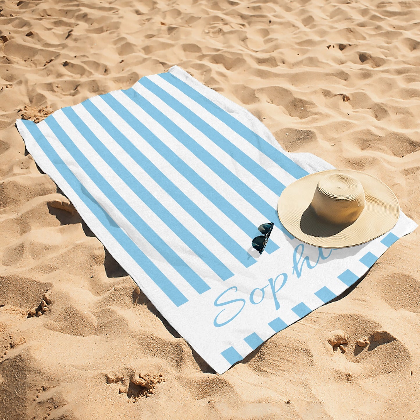 Blue Stripe Beach Towel Custom Cotton/Poly Blend Pool Towel - Blue - Personalize with Your Name - Standard Size