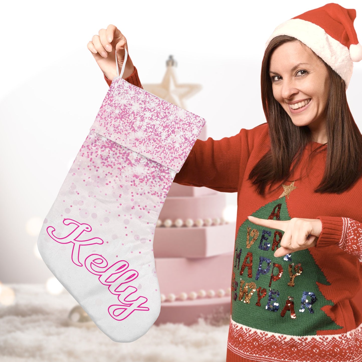 Pink Christmas Stocking Custom Name Santa Socks Gift