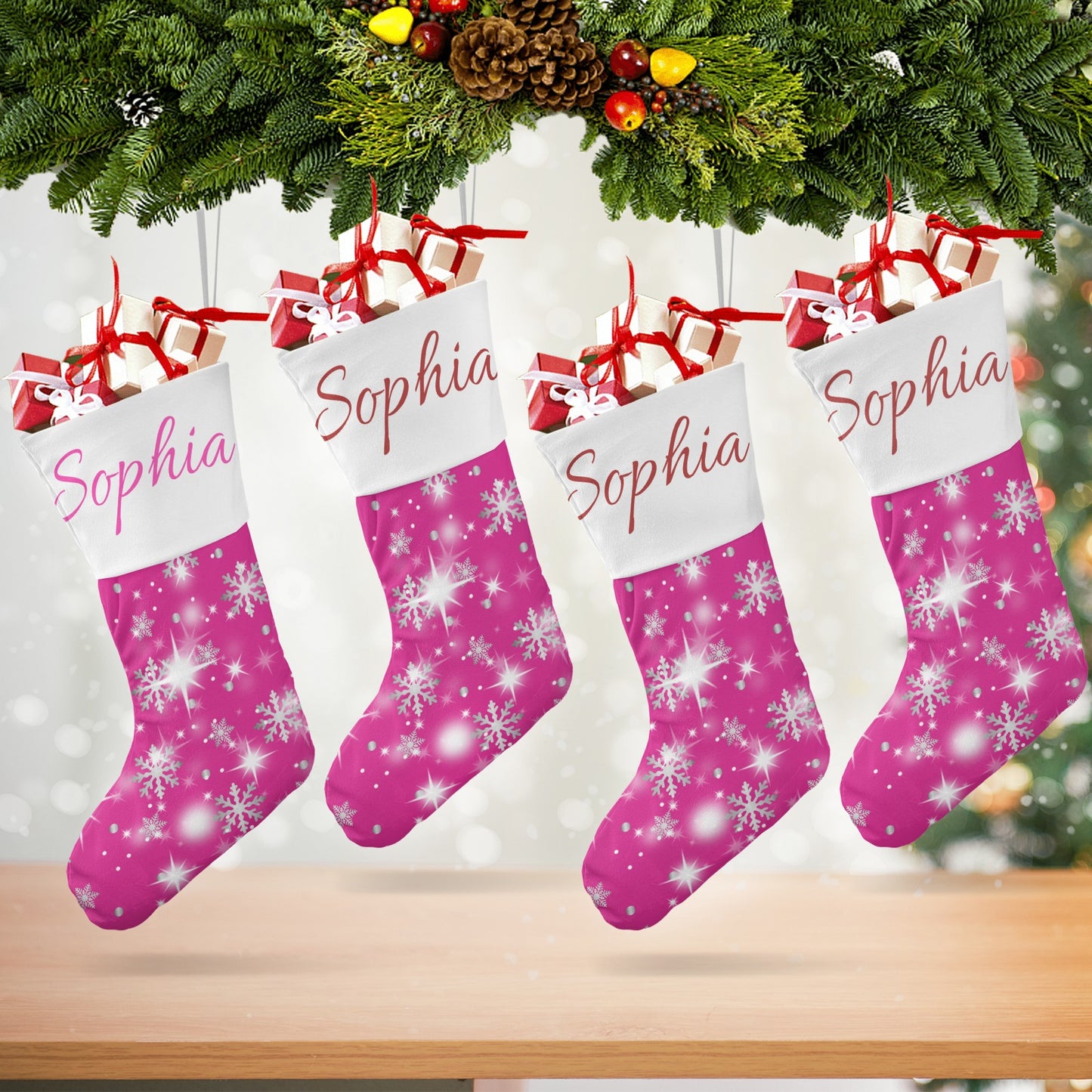Snow flake pink Christmas Stocking Custom Name Santa Socks Gift