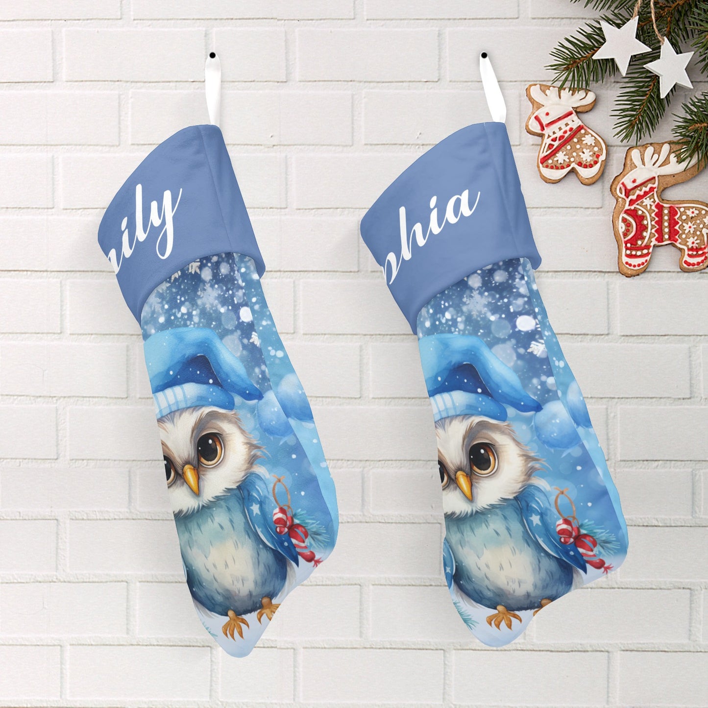 Owl Blue Christmas Stocking Custom Name Christmas Socks Gift