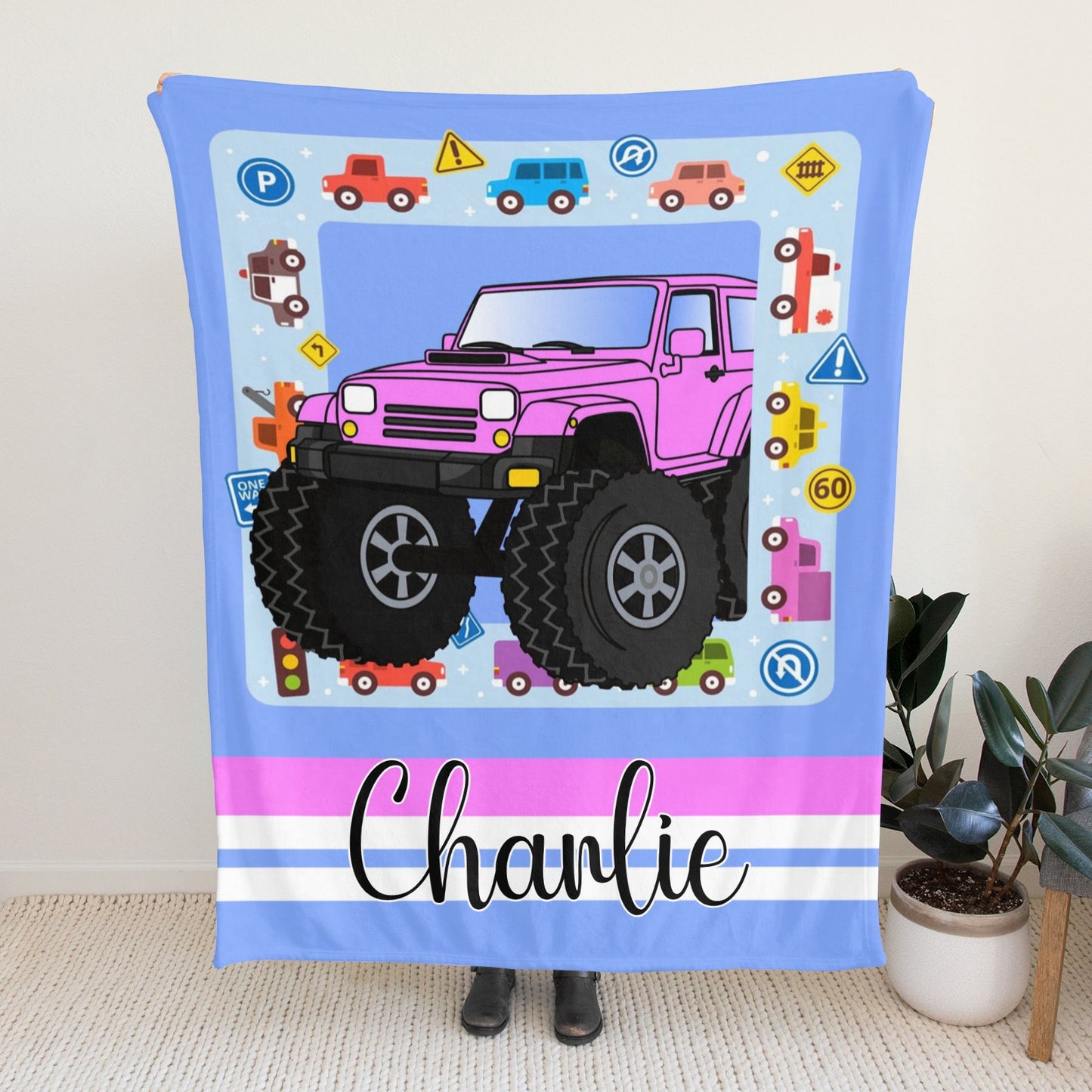Cute Truck Flannel Blanket Custom Name Blanket Gift for Men Women