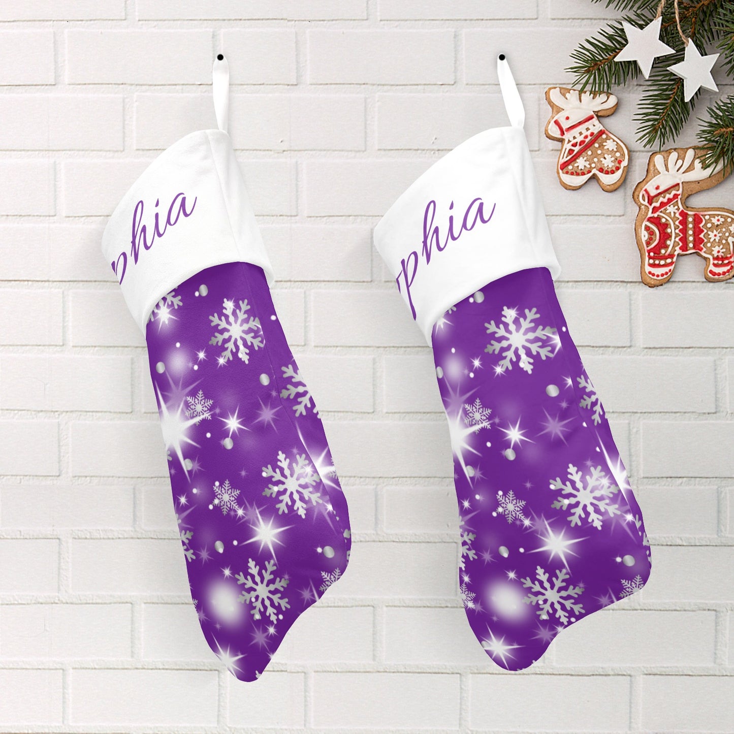 Snow flake purple Christmas Stocking Custom Name Santa Socks Gift