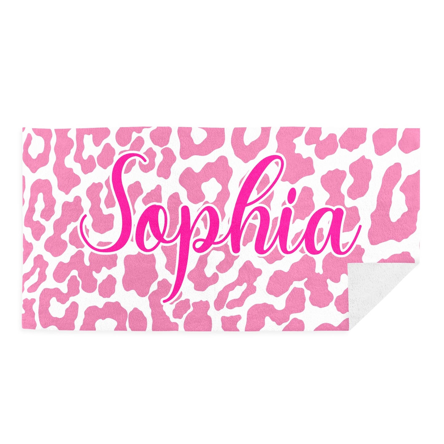 Pink Leopard Print Beach Towel Custom Cotton/Poly Blend Pool Towel - Blue - Personalize with Your Name - Standard Size