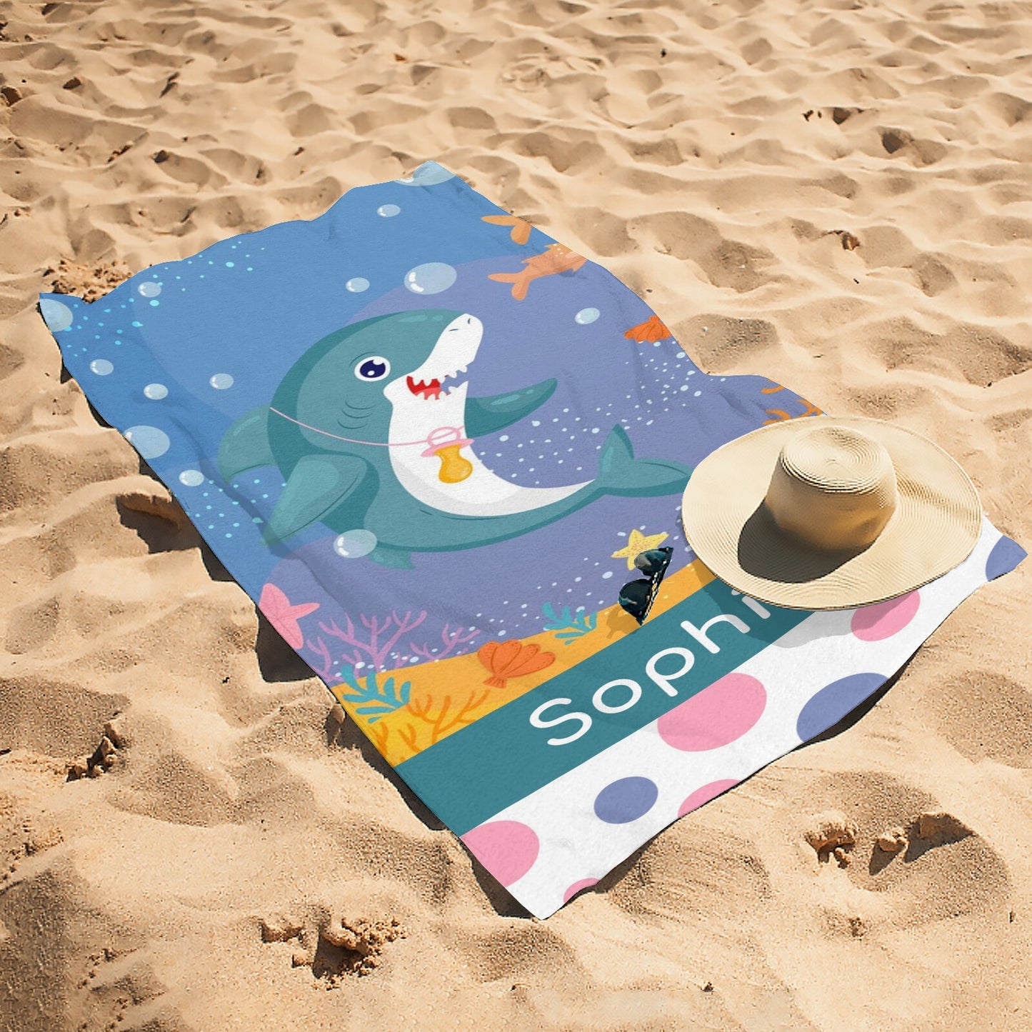 Cute Shark Beach Towel Custom Cotton/Poly Blend Pool Towel - Blue - Personalize with Your Name - Standard Size