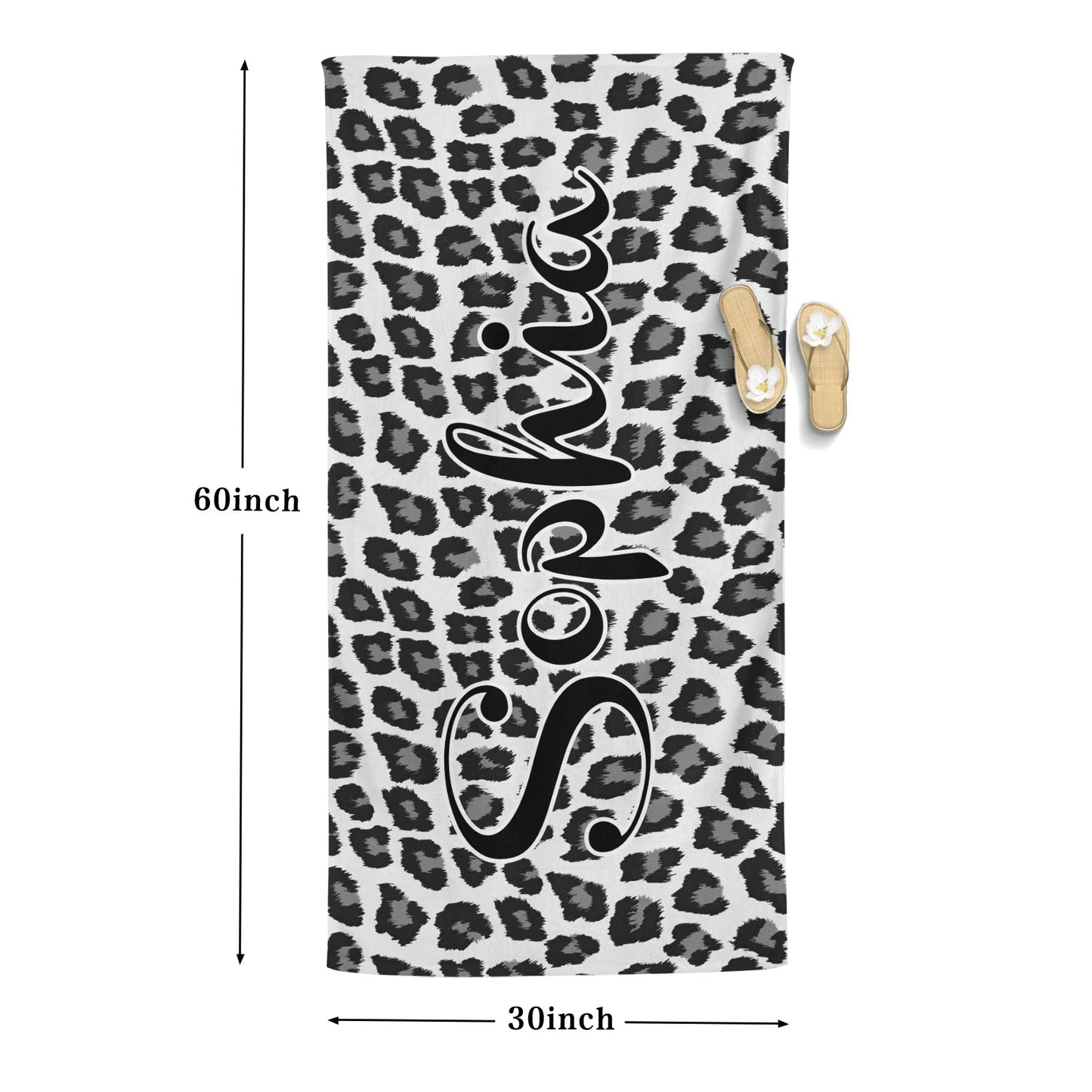 Leopard Print Grey Beach Towel Custom Cotton/Poly Blend Pool Towel - Blue - Personalize with Your Name - Standard Size