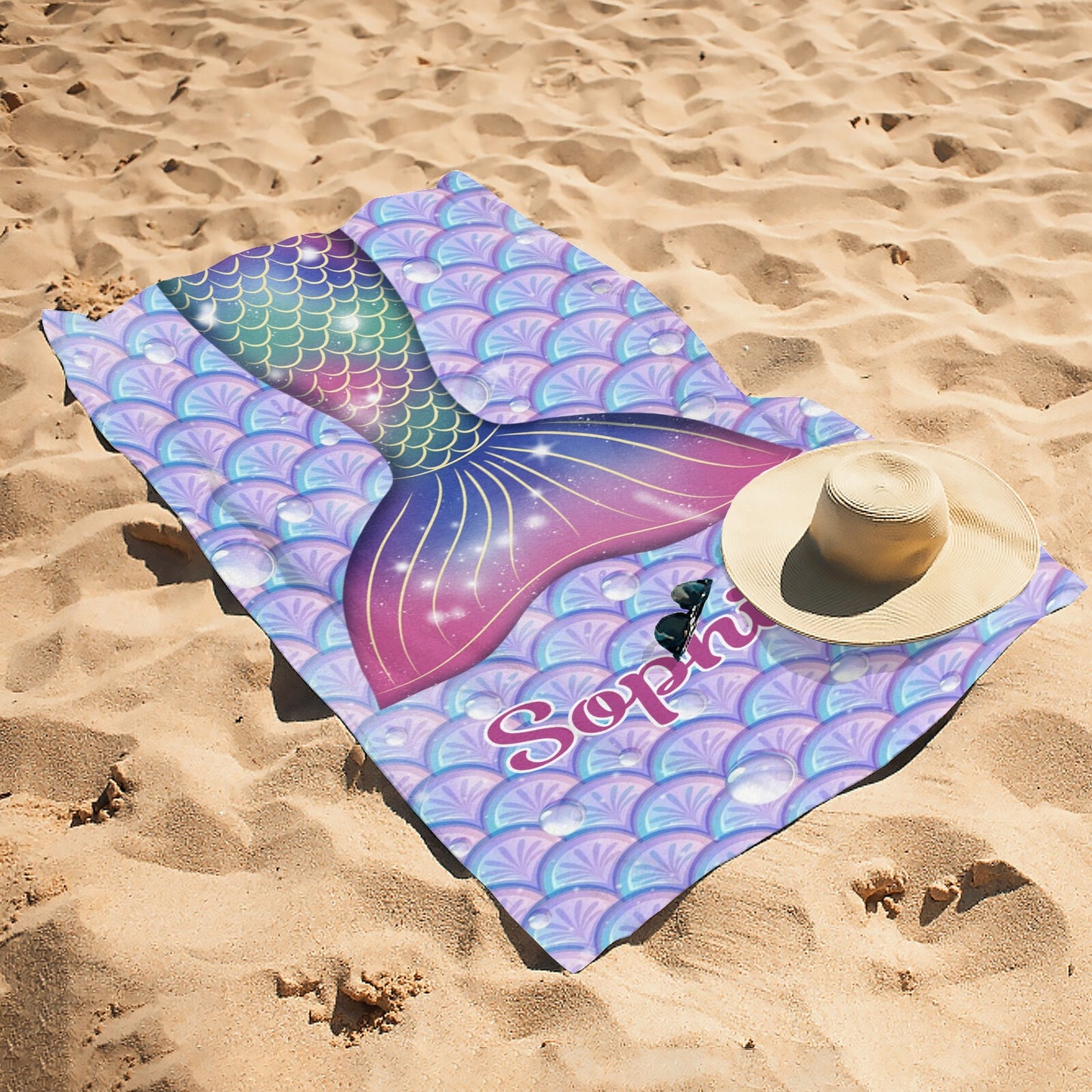 Cute Mermaid Tail Beach Towel Custom Cotton/Poly Blend Pool Towel - Blue - Personalize with Your Name - Standard Size