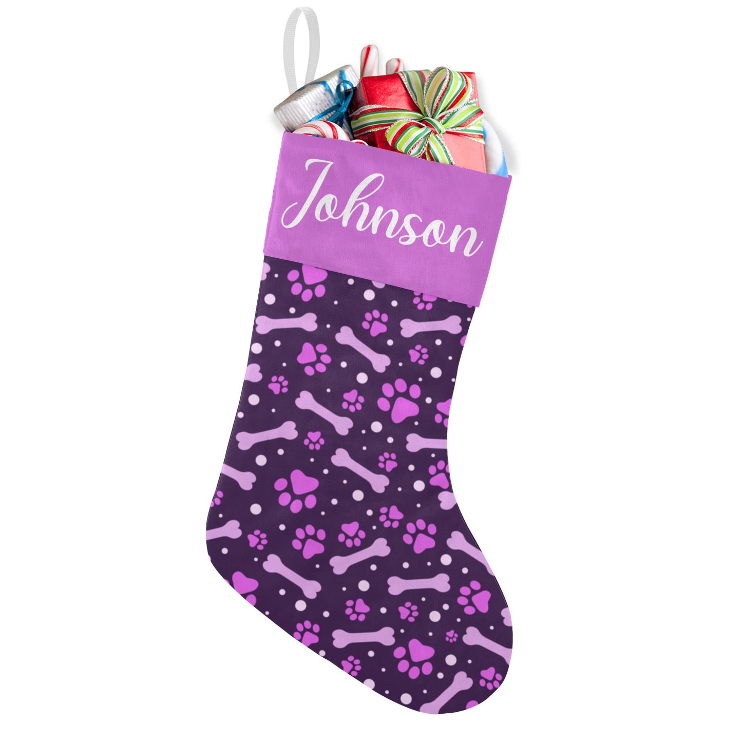 Dog Paw Purple Christmas Stocking Custom Name Christmas Socks Gift