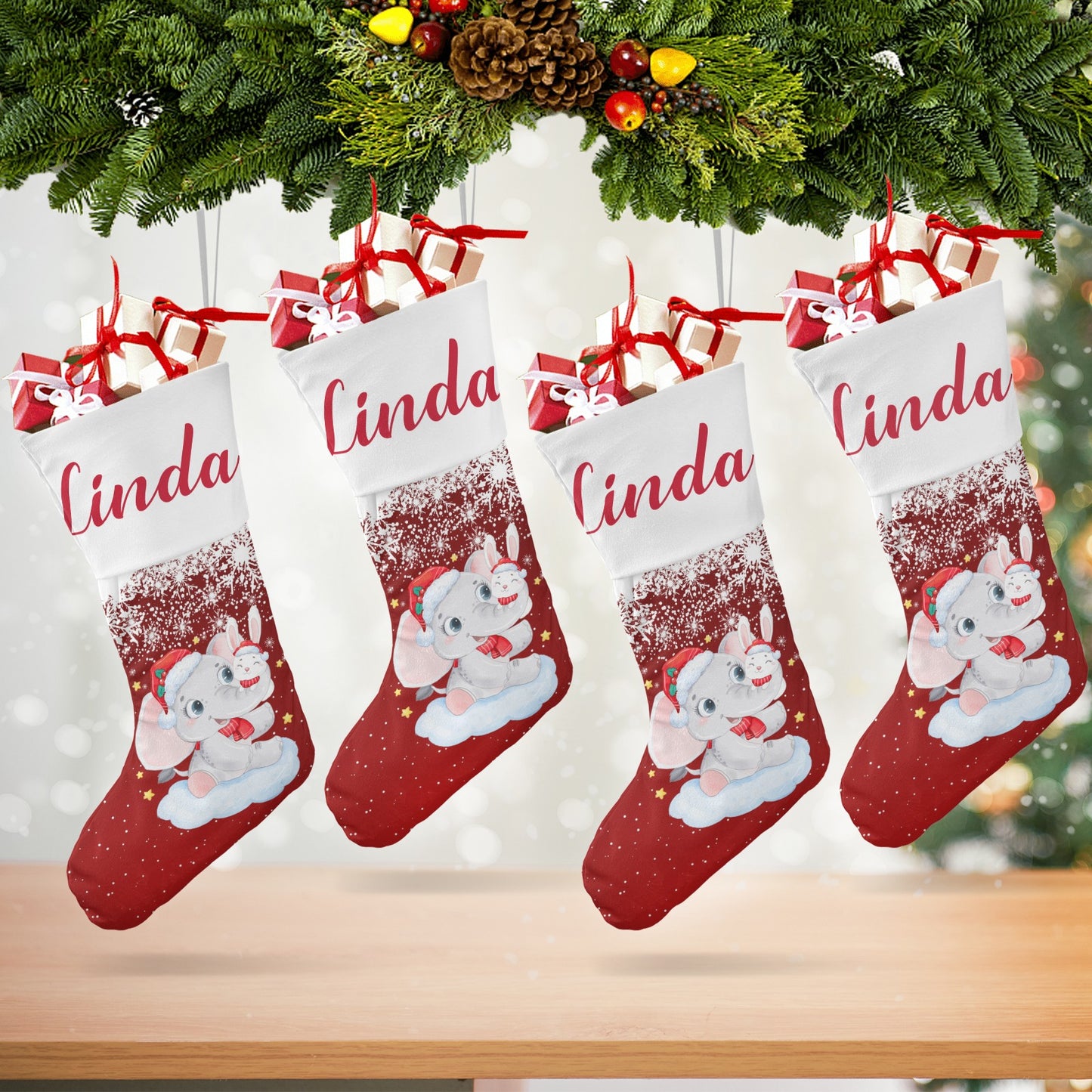 Red Christmas Elephant Christmas Stocking Custom Name Christmas Socks Gift