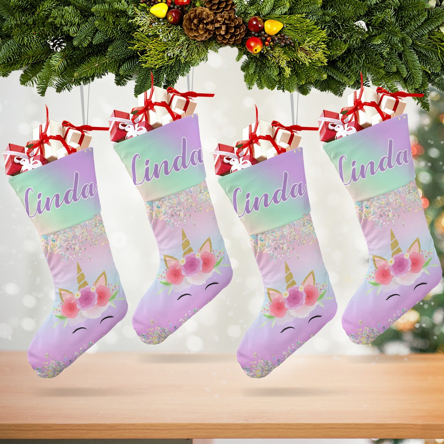 Unicorn Pink Christmas Stocking Custom Name Christmas Socks Gift