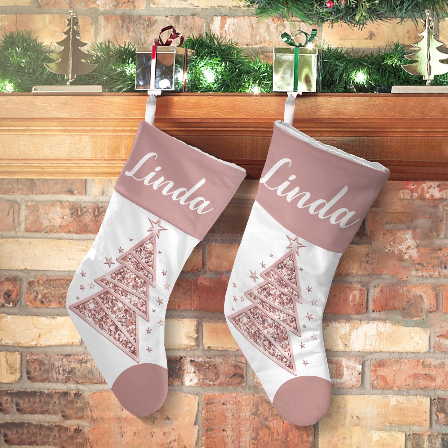 Christmas Tree Rose Gold Christmas Stocking Custom Name Christmas Socks Gift