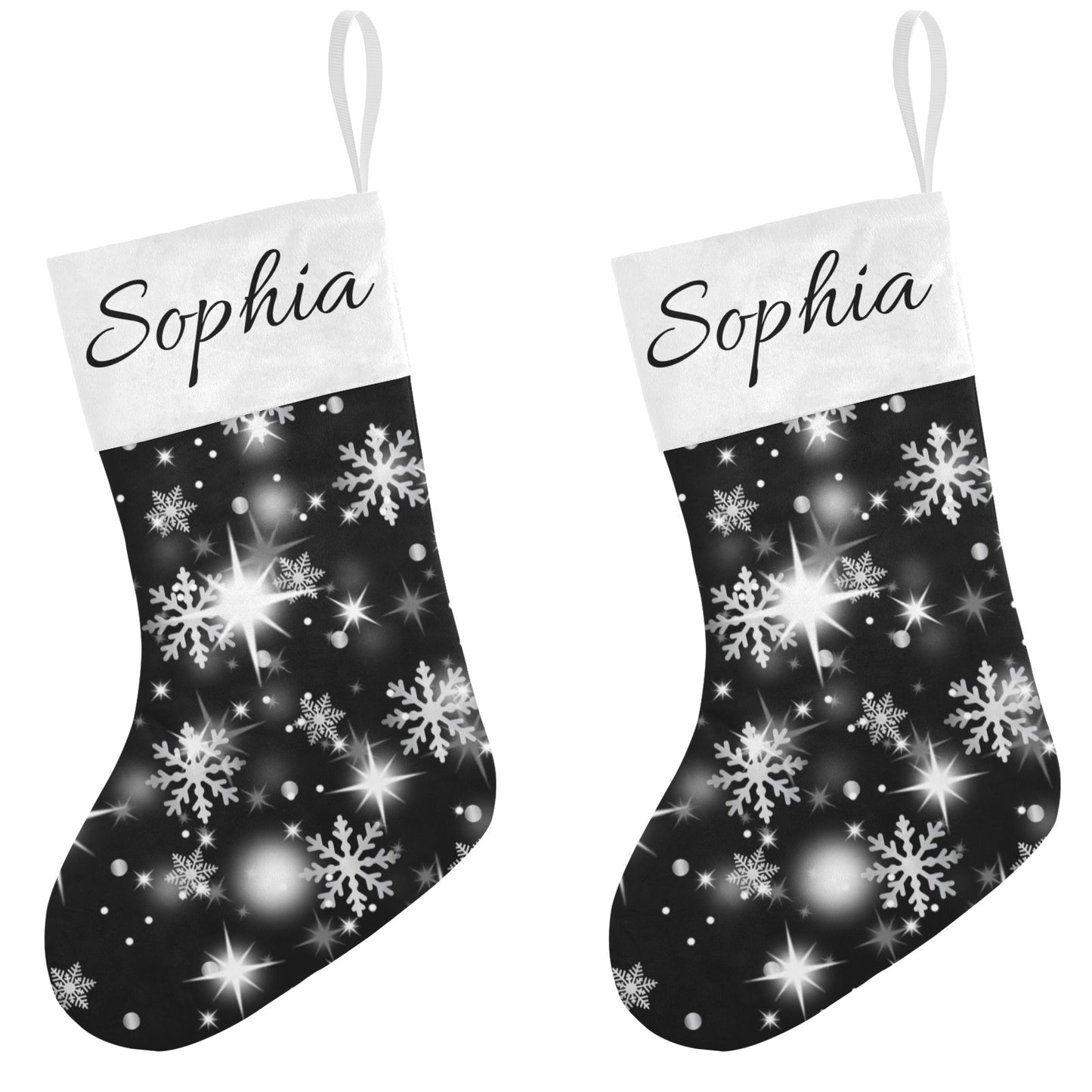 Snow flake black Christmas Stocking Custom Name Santa Socks Gift