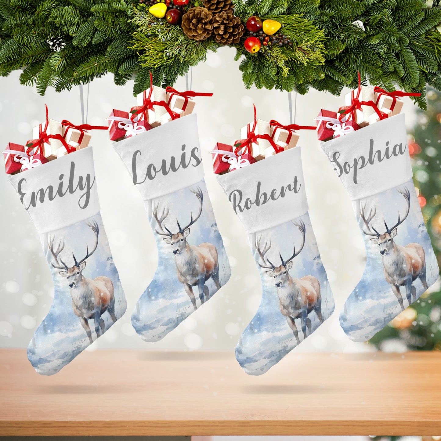 Snowy Deer Christmas Stocking Custom Name Christmas Socks Gift