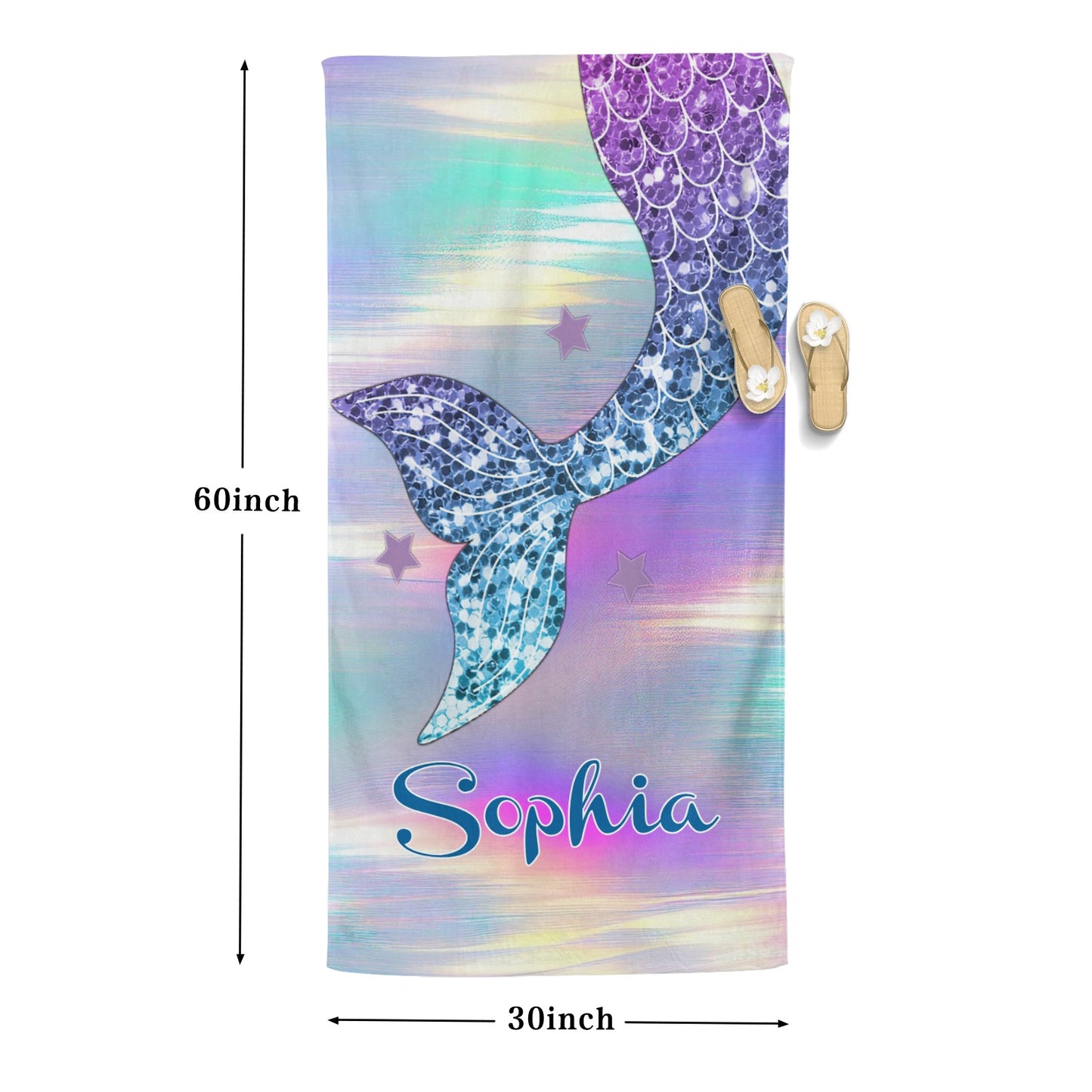 Mermaid Tail Beach Towel Custom Cotton/Poly Blend Pool Towel - Blue - Personalize with Your Name - Standard Size