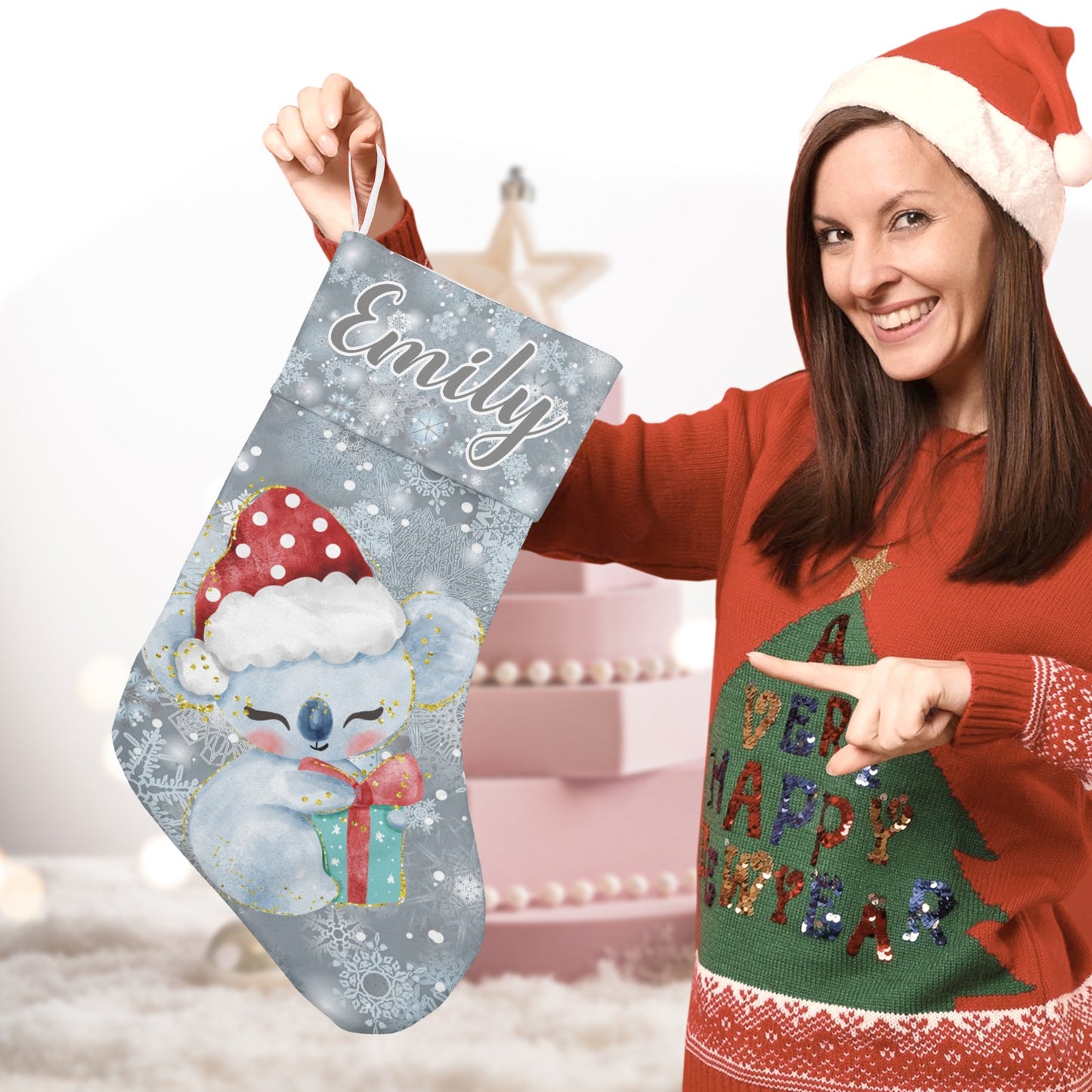 Koala Snowflake Christmas Stocking Custom Name Christmas Socks Gift