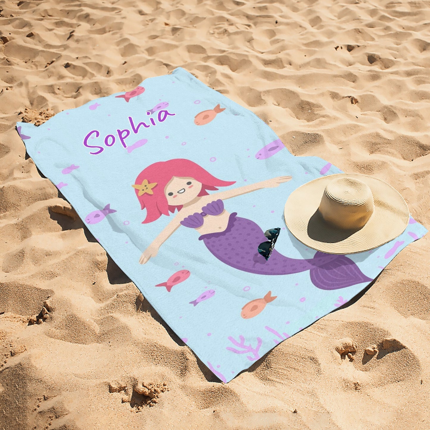 Mermaid Purple Beach Towel Custom Cotton/Poly Blend Pool Towel - Blue - Personalize with Your Name - Standard Size