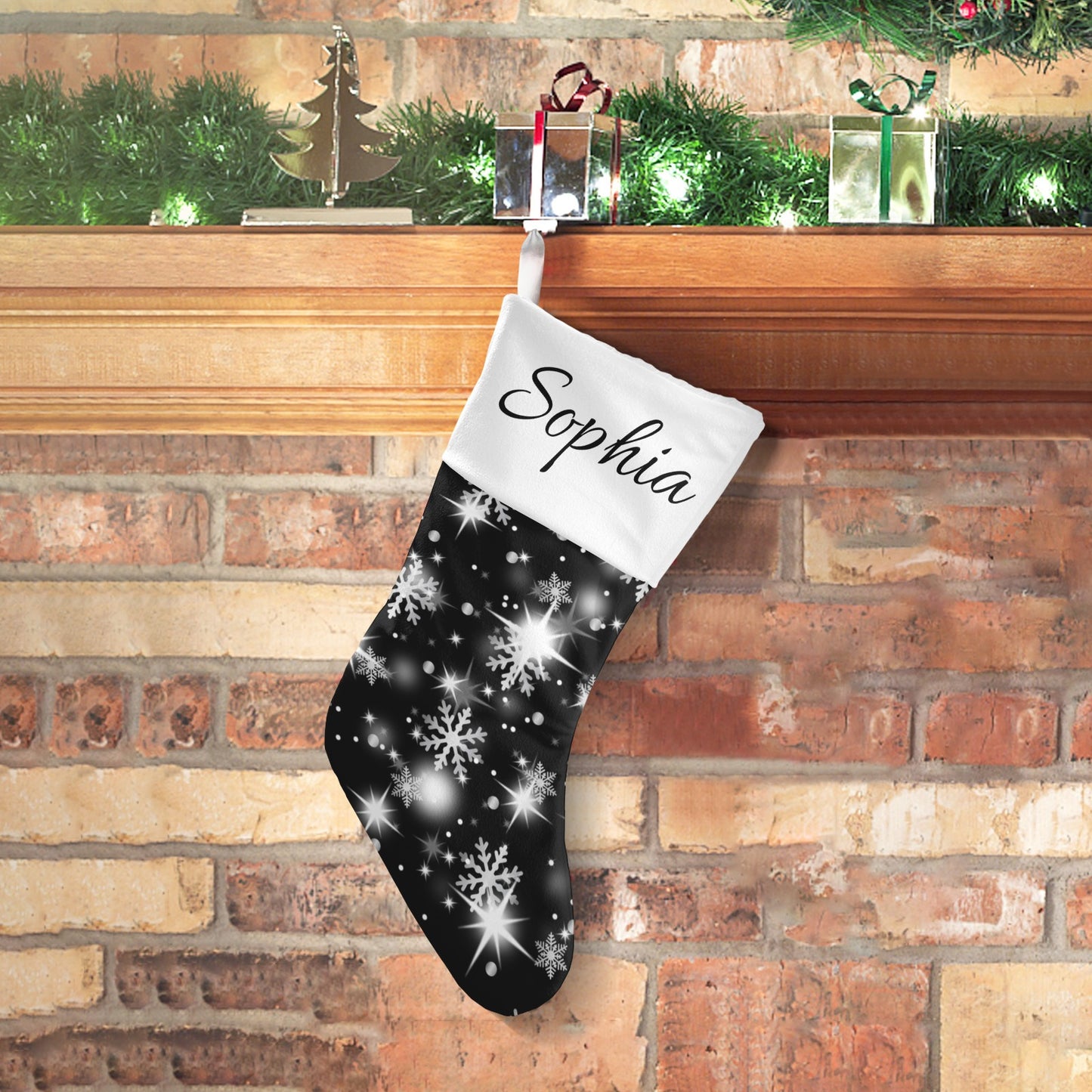 Snow flake black Christmas Stocking Custom Name Santa Socks Gift