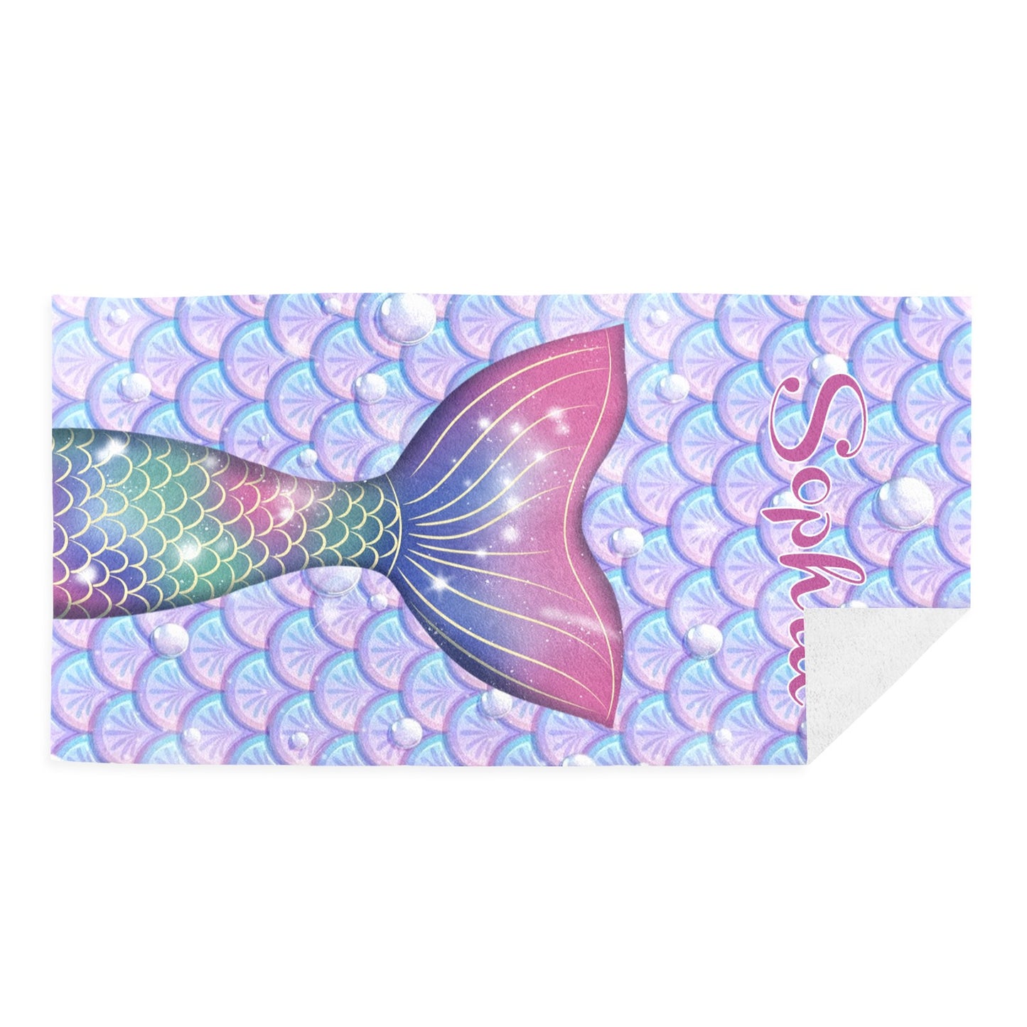 Cute Mermaid Tail Beach Towel Custom Cotton/Poly Blend Pool Towel - Blue - Personalize with Your Name - Standard Size
