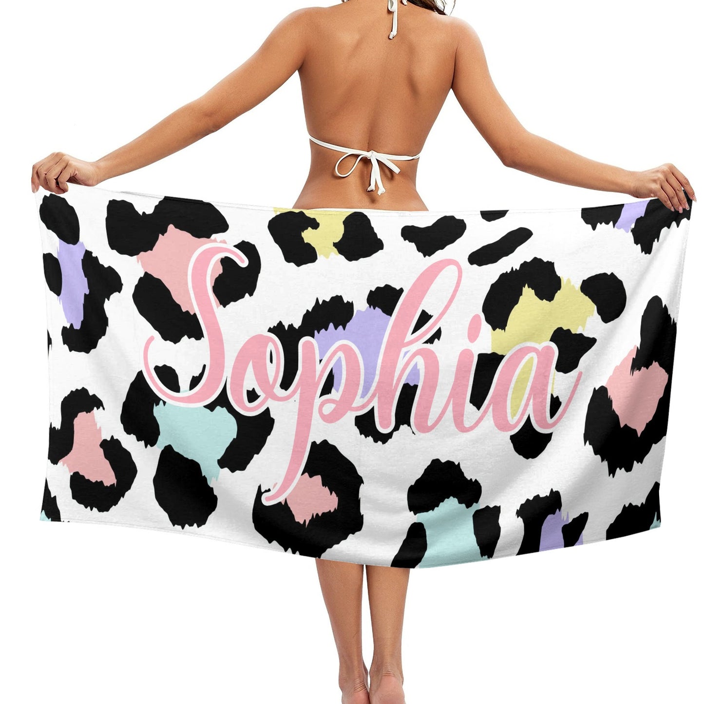 Leopard Print Beach Towel Custom Cotton/Poly Blend Pool Towel - Blue - Personalize with Your Name - Standard Size