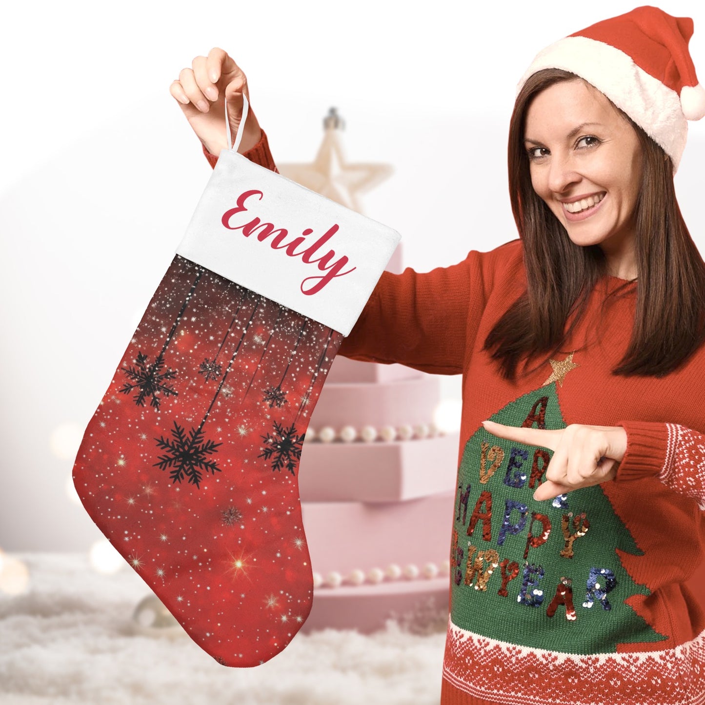 Snowflakes Red Christmas Stocking Custom Name Christmas Socks Gift