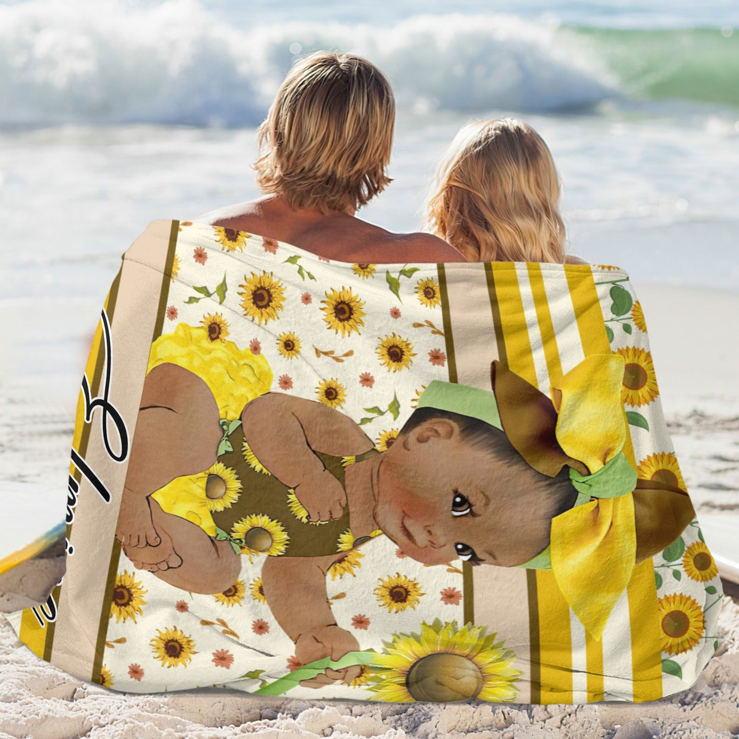 Sunflower Girl Flannel Blanket Custom Name Blanket Gift for Men Women