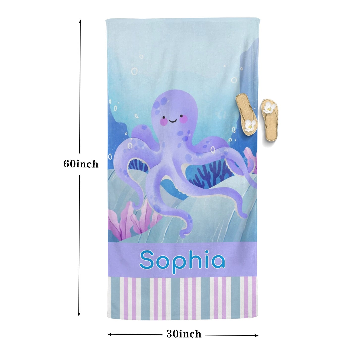 Octopus Purple Beach Towel Custom Cotton/Poly Blend Pool Towel - Blue - Personalize with Your Name - Standard Size